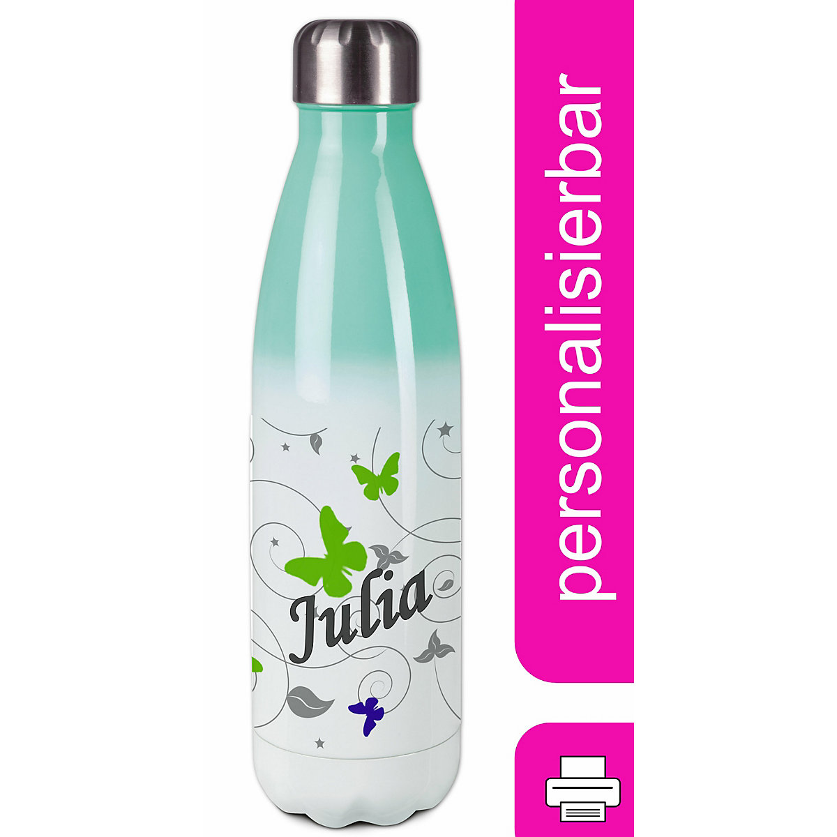 Edelstahl Kinder Thermoflasche / Trinkflasche bunt Schmetterling Ornamente Farbe blau grün Spülmaschinenfest, Auslaufsicher, Bruchfest, Doppelwandig, Für Heißgetränke geeignet, Mit Deckel, Isolie