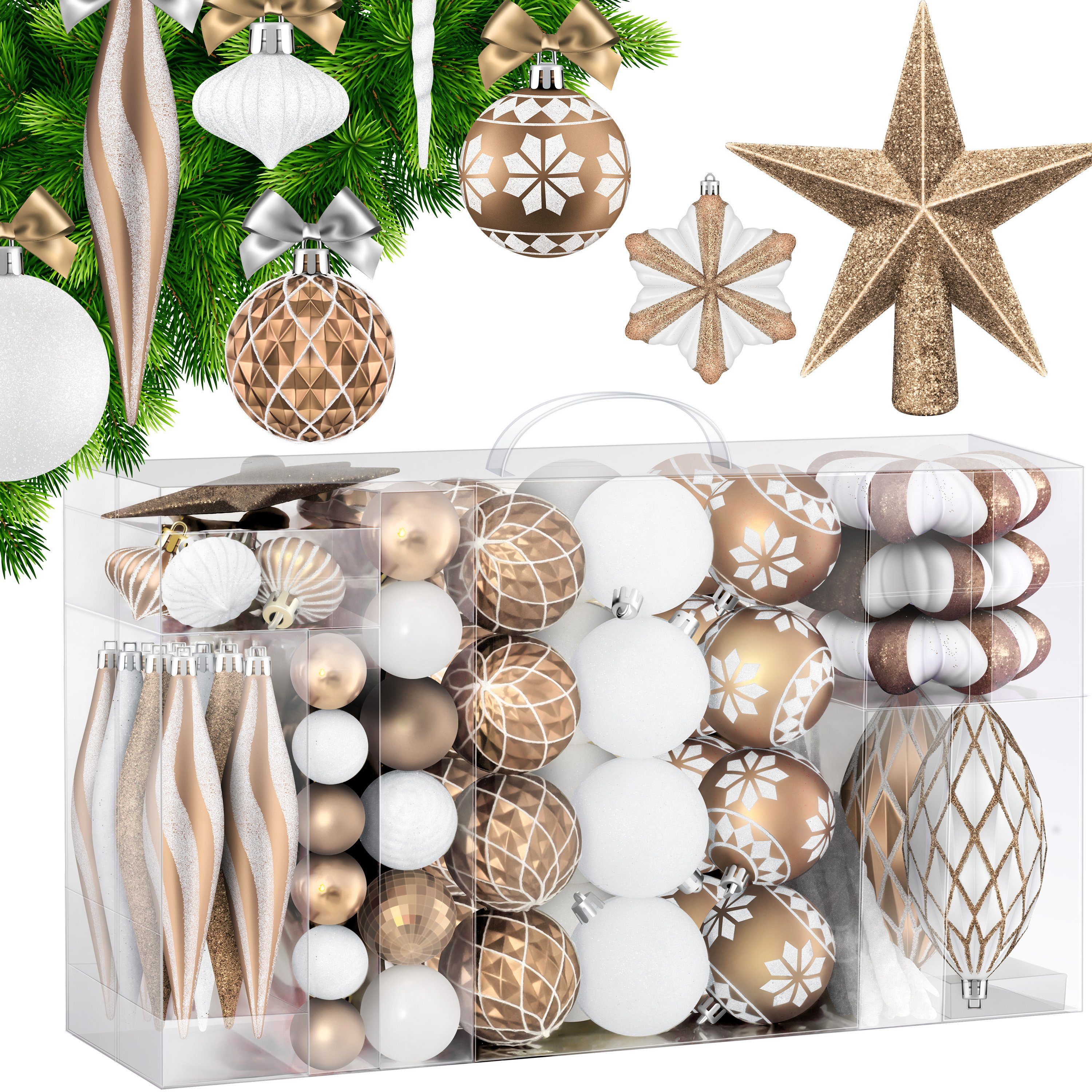KESSER Christbaumschmuck (135-tlg), Weihnachtskugeln 105-teiliges Set Baumspitze Christbaumkugeln