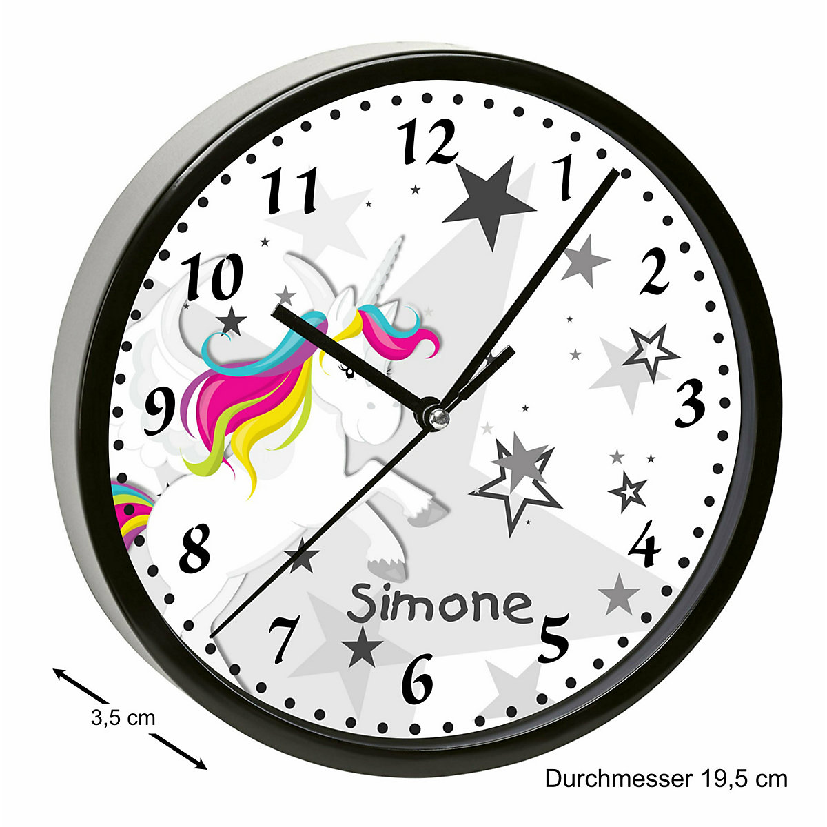 Kinder Wanduhr personalisiert mit Name Pegasus Sterne Grau