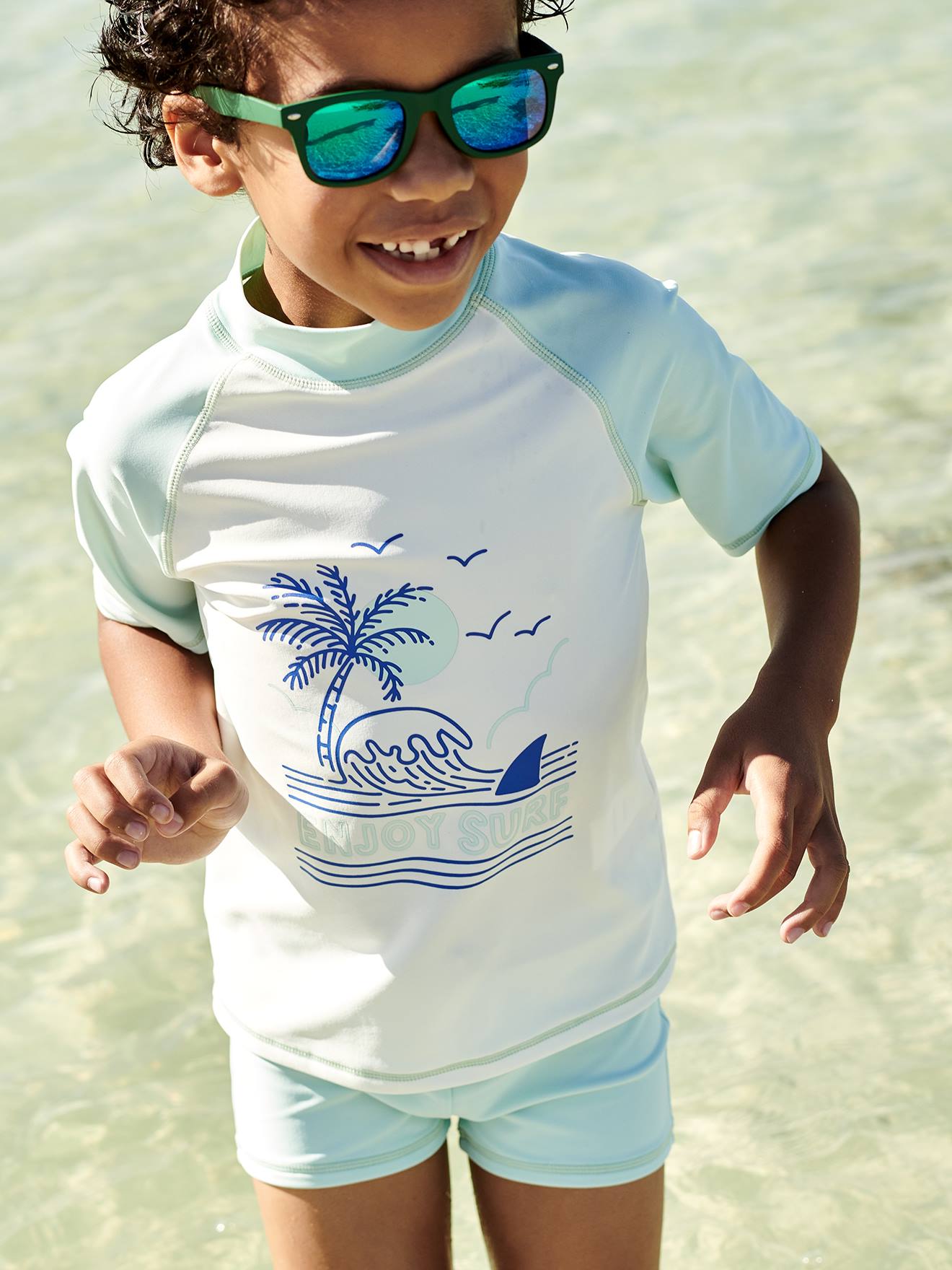 Ensemble de bain anti-UV garçon T-shirt + boxer vert d'eau