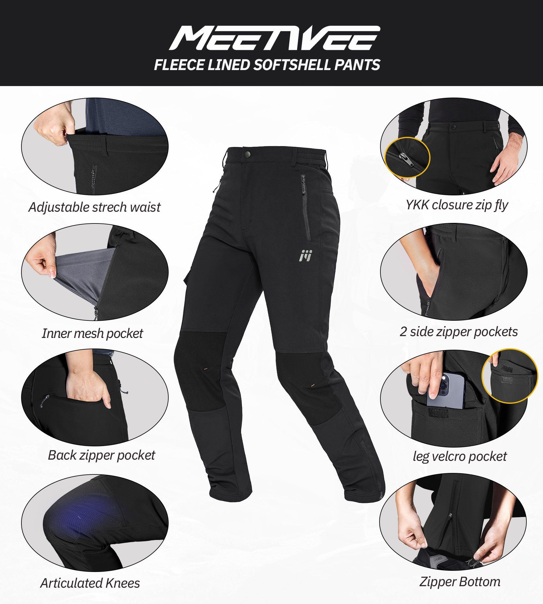 MEETYOO Outdoorhose Herren Trekkinghose Thermo Wanderhose Snowboardhose (Fleece Softshellhose, Radlerhose, Sports Hose, Cargohose) Skifahren, Snowboarden, Camping, Radfahren