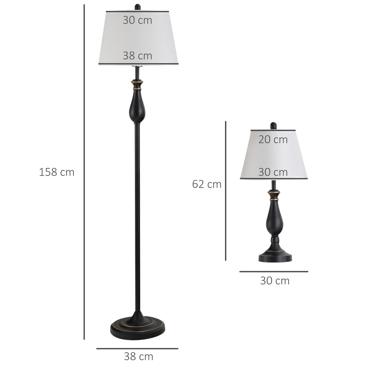 HOMCOM 3er-Lampenset 2 Tischlampe(ø30 x 62H cm)   1 Stehlampe(ø38 x 158H cm) Vintage, Schwarz Weiß, Metall, PS, Polyester, Baumwolle E27 Lampensockel