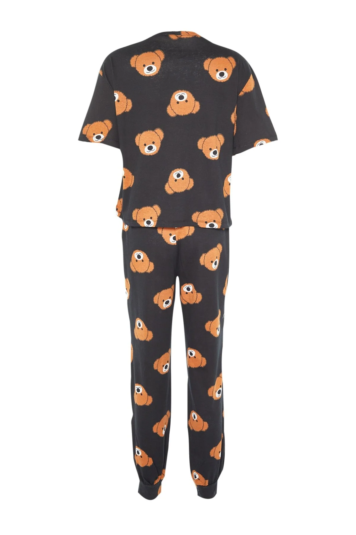 Trendyol Collection  Schwarzes Strick-Pyjama-Set aus 100 % Baumwolle mit Teddybär-Muster, T-Shirt und Hose THMSS21PT0195
