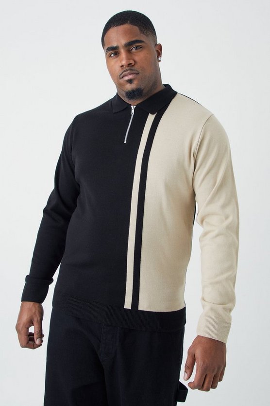 Plus langärmliges Muscle-Fit Colorblock Strick-Poloshirt