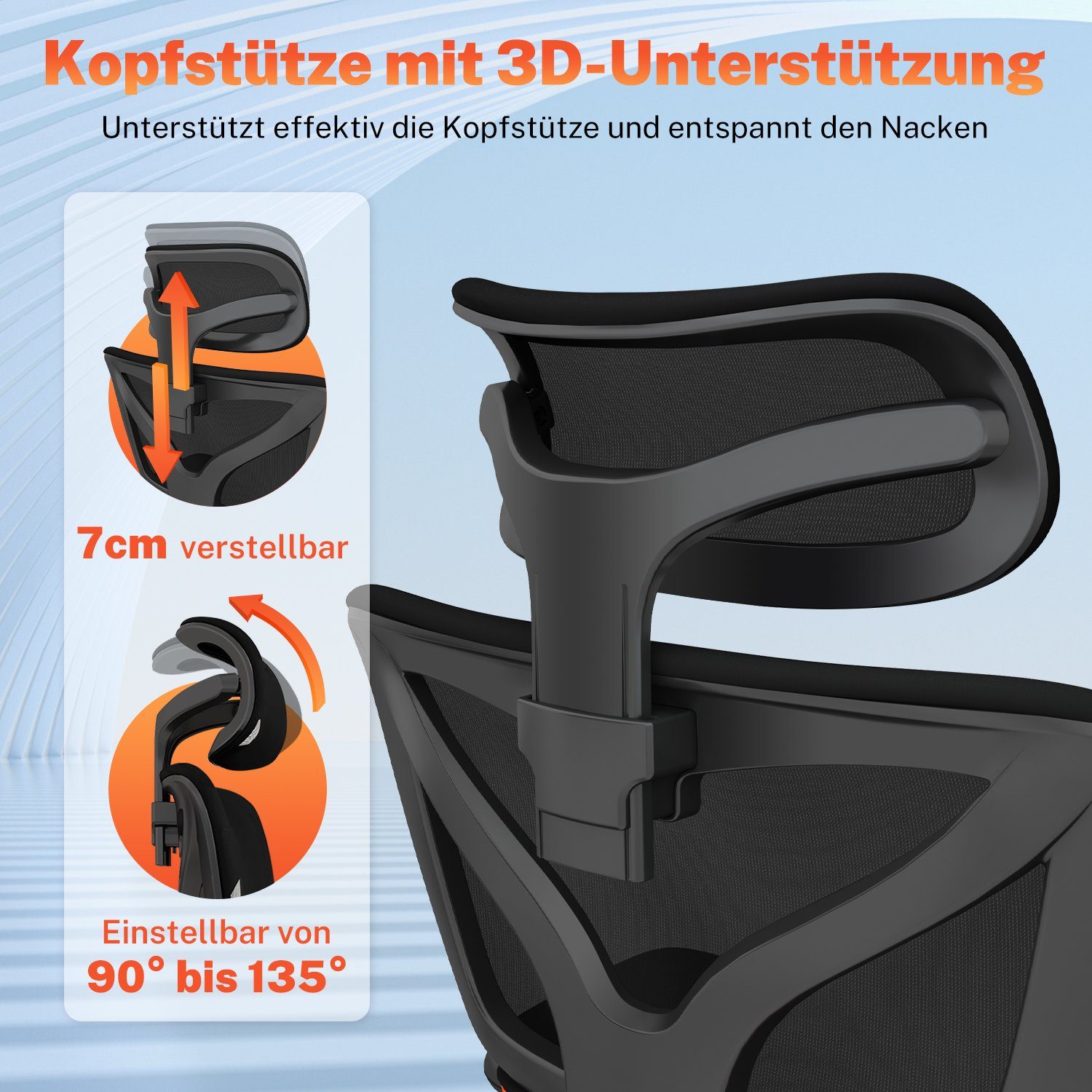 Authmic Bürostuhl Bürostuhl, Drehstuhl, Schreibtischstuhl, Chefsessel, (Bürostuhl ergonomisch mit verstellbarer Kopfstutze, Armlehnen, Lendenwirbelstutze, Atmungsaktiver Netzstuhl, Wippfunktion von 90° bis 135°, Bürostuhl 150kg)
