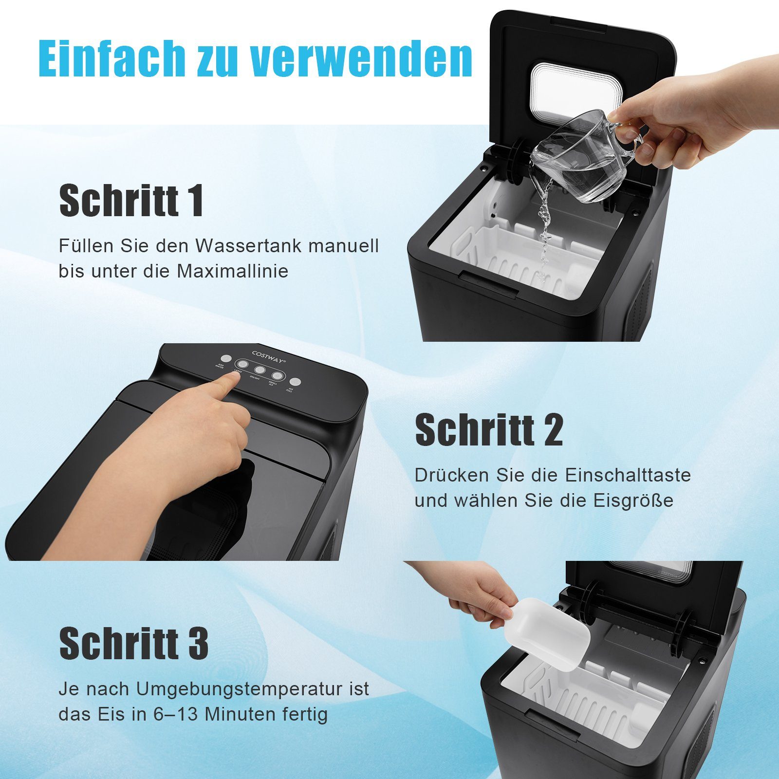 COSTWAY Eiswürfelmaschine, 9 Eiswürfel in 6-13min, 12kg 24H, Timer, Schaufel