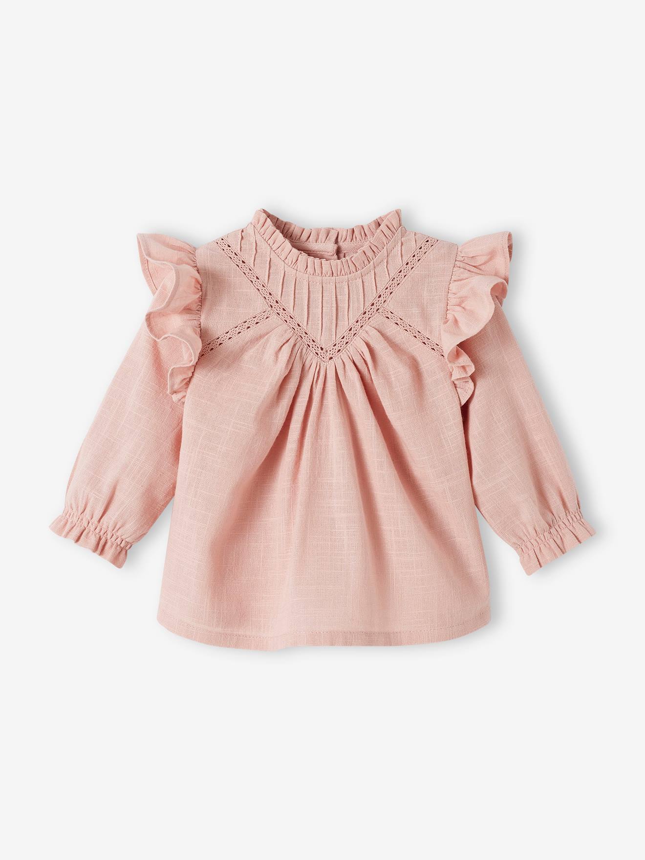 Blouse volantée bébé en tissu flammé rose poudré