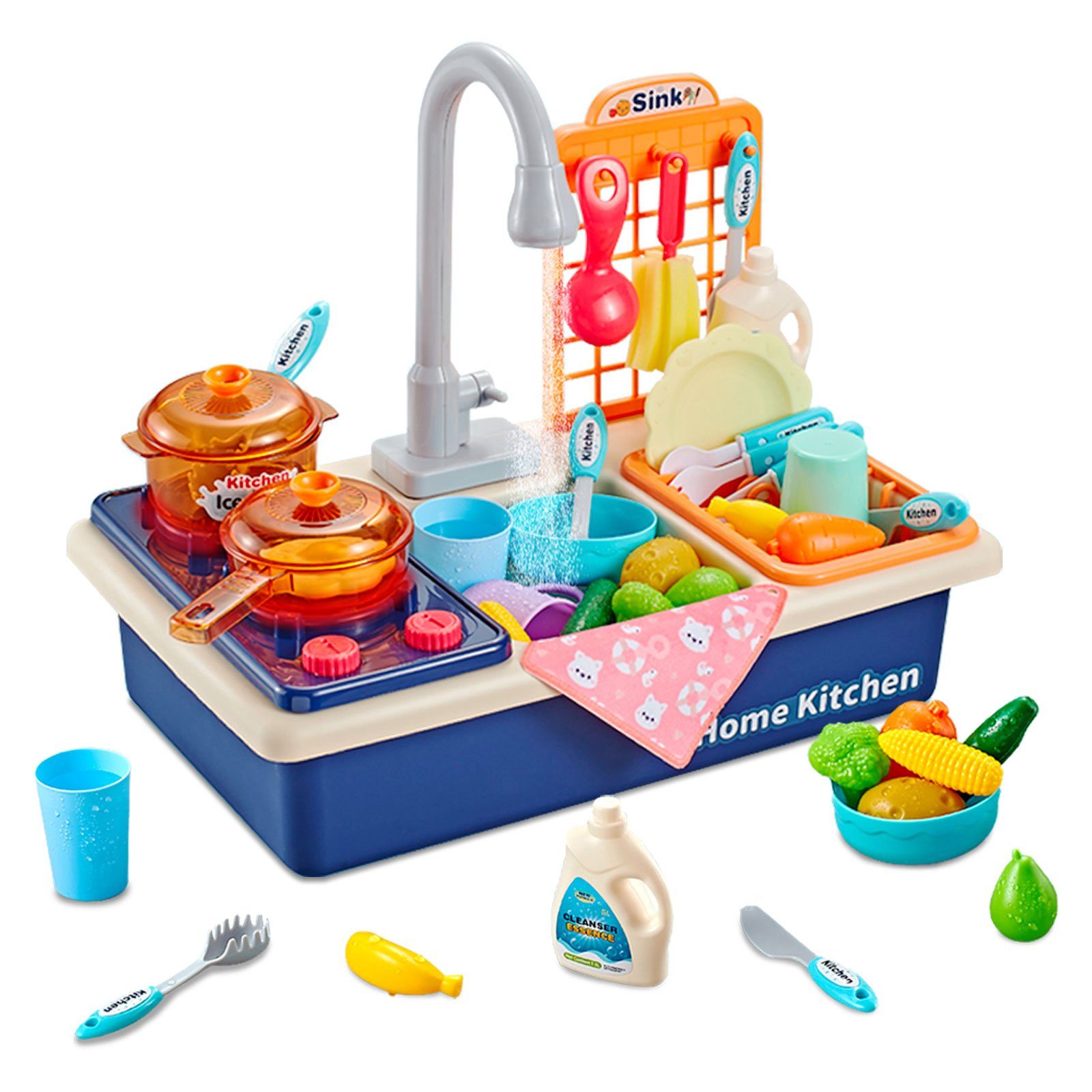 LBLA Lernspielzeug Küchenspüle Spielzeug Set mit Wasserkreislauf Geschirrspüler, Küchenspielset mit Geschirr Gemüse Obst Weihnachtsgeschenk für Kinder
