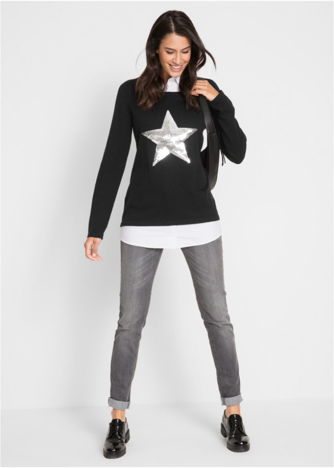 2 in 1 Pullover mit Bluseneinsatz, Langarm