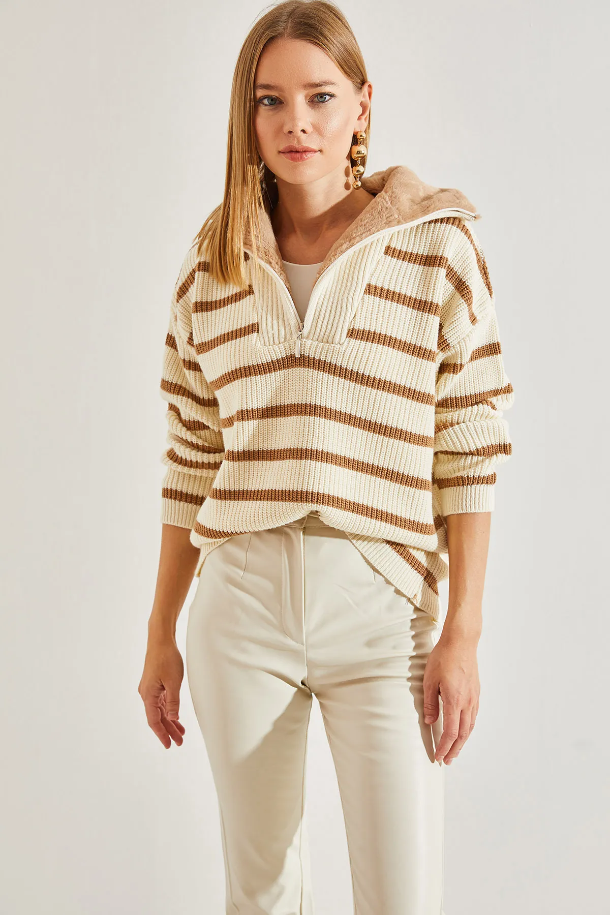 Bianco Lucci  Gestreifter Damen-Strickpullover mit Pelzkragen und Reißverschluss