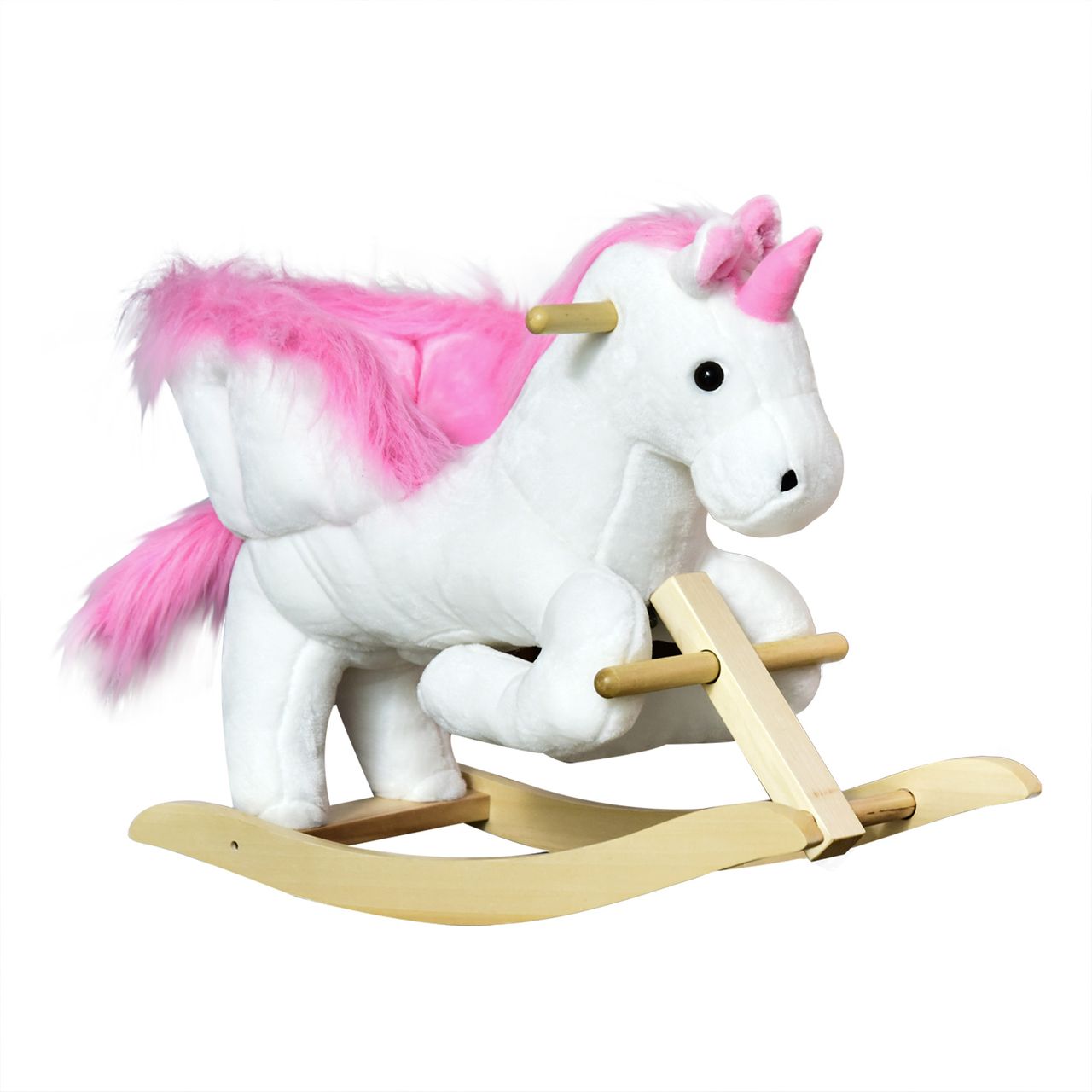 HOMCOM Schaukeltier Schaukelpferd Kinder Schaukel magisches Einhorn-Design mit Musik für Kinder für 18-36 Monate Baby Plüsch Holz Stahl Rosa Weiß 65 x 32 x 55 cm