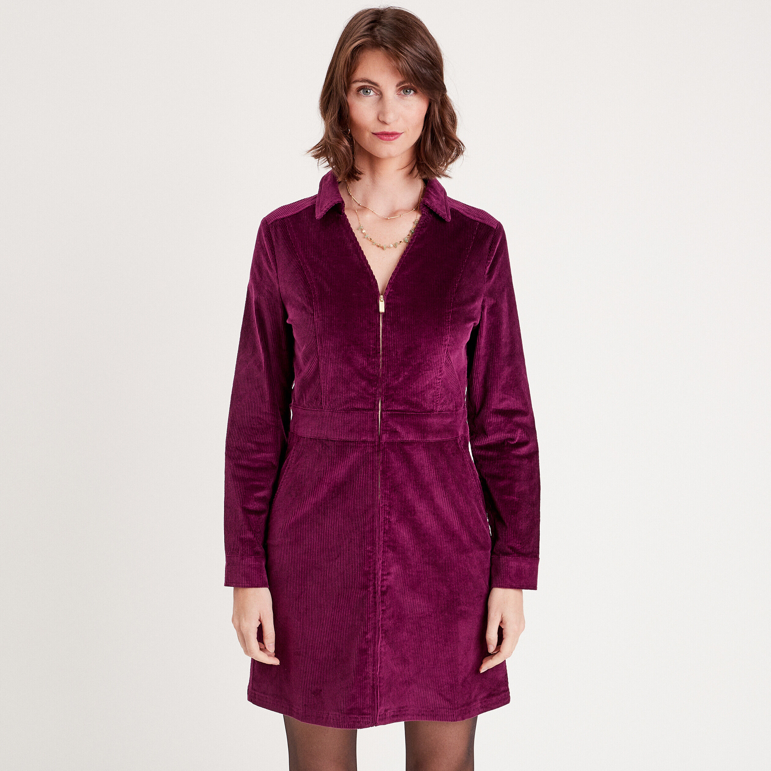 Robe trapèze velours zippée prune femme | Cache Cache