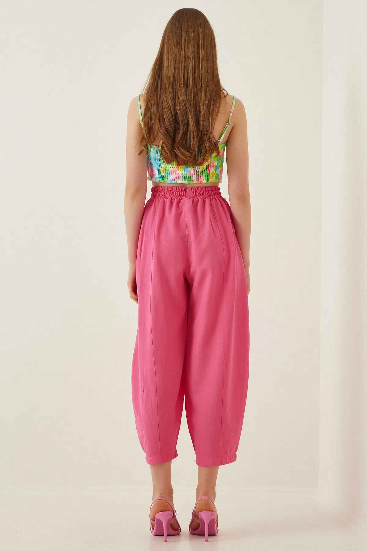 Happiness İstanbul  Dunkelrosa Shalwar-Hose aus Leinenviskose mit Taschen CV00001 für Damen