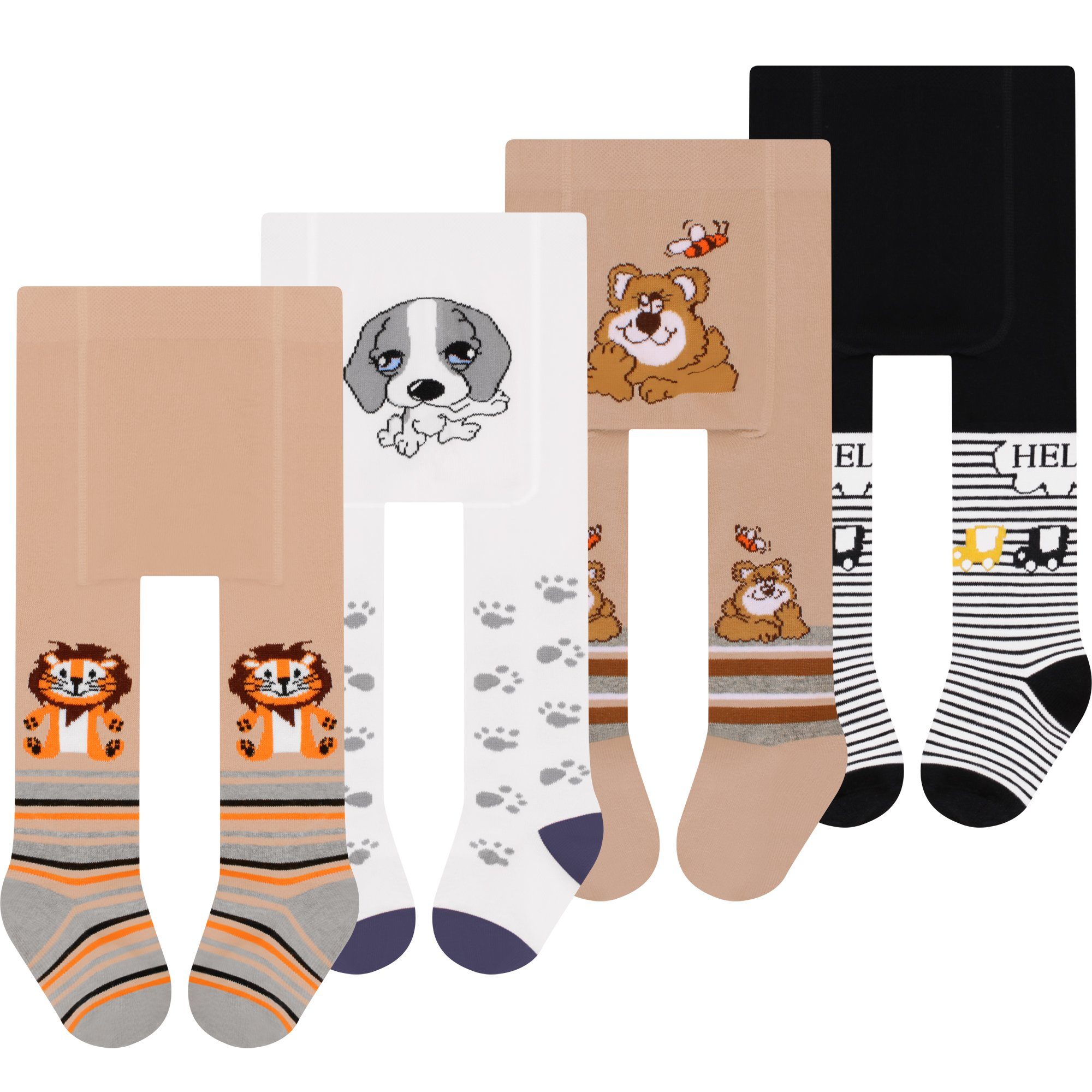 L&K-II Strumpfhose 2760 (4er-Pack) Babystrumpfhose für Baby Jungen mit Hund Löwen Affen Bären und Auto Motiv