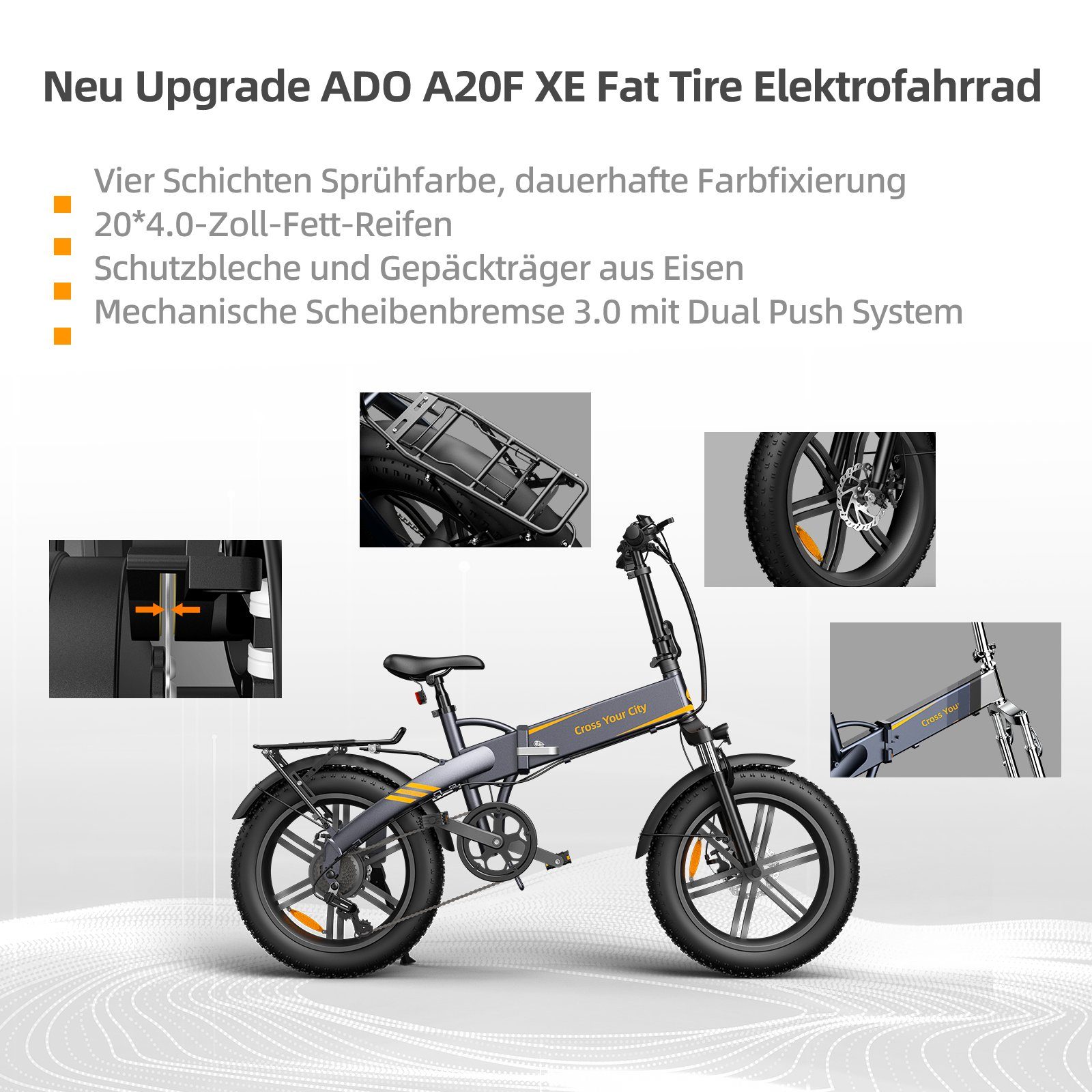 ADO E-Bike Klapprad Pedelec E-Bike 20X4.0 Fetter Reifen, Gepäckträger, 7 Gang, Kugelschaltung, ebike Damen/Herren, Lampe, +Fingerprint-Schloss/Helm