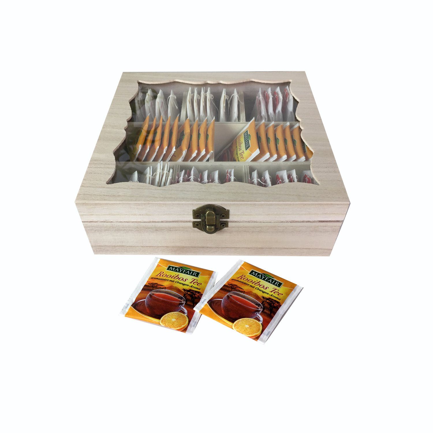 Mojawo Thermobehälter Teebox Holz Natur mit Glasdeckel 8 Fächer