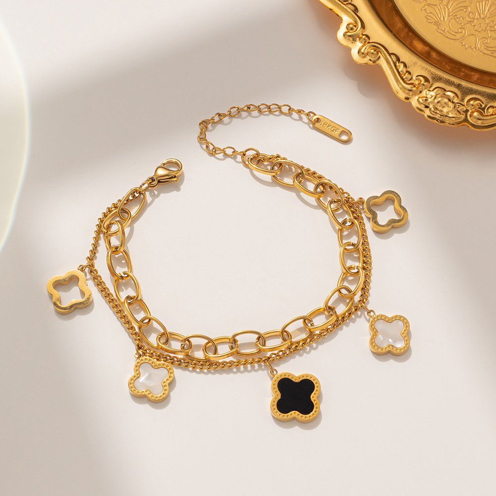 ENGELSINN Goldarmband Armreif Armband Kettenarmband Gold Perlmutt Schwarz Blume + Schmuckbox (1-tlg)