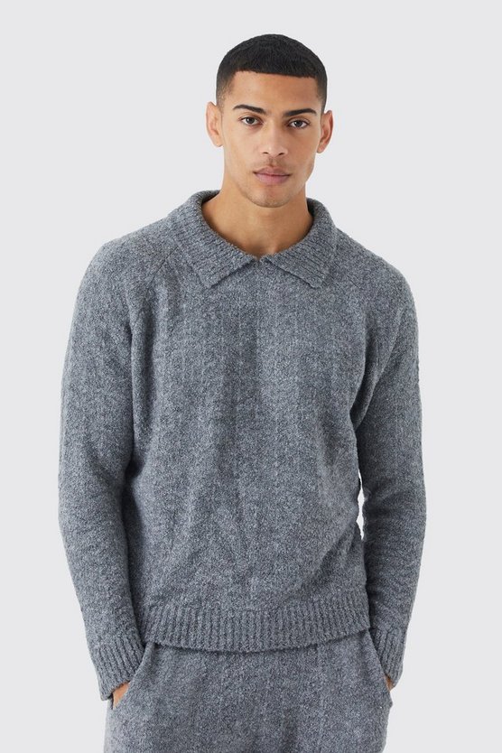 Oversize Pullover mit Fischgräten-Kragen und Trichterkragen