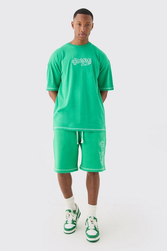 Oversize T-Shirt mit Kontrast-Naht, Applikation & Shorts