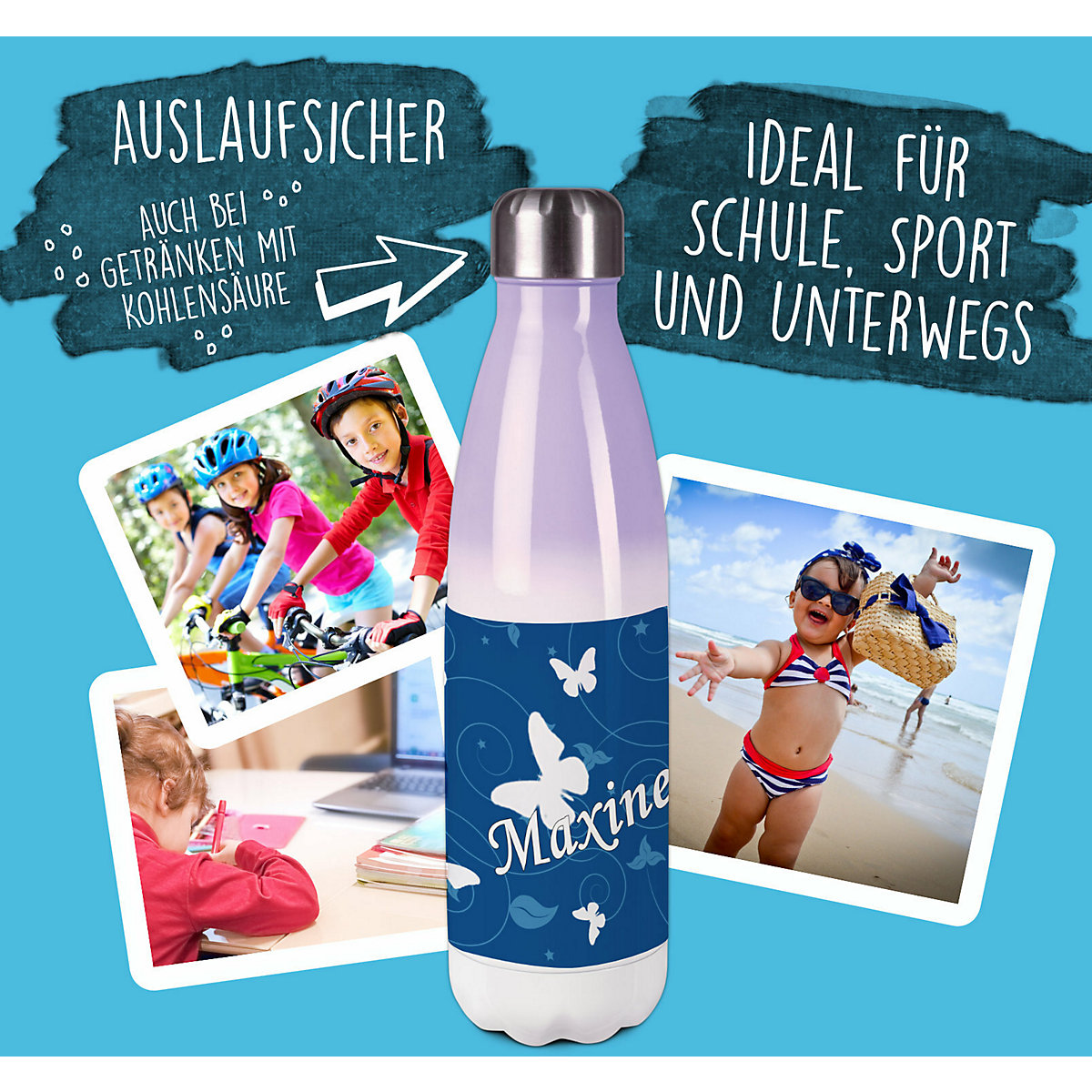 Edelstahl Kinder Thermoflasche / Trinkflasche bunt Schmetterling Ornamente Farbe blau Spülmaschinenfest, Auslaufsicher, Bruchfest, Doppelwandig, Für Heißgetränke geeignet, Mit Deckel, Isoliert