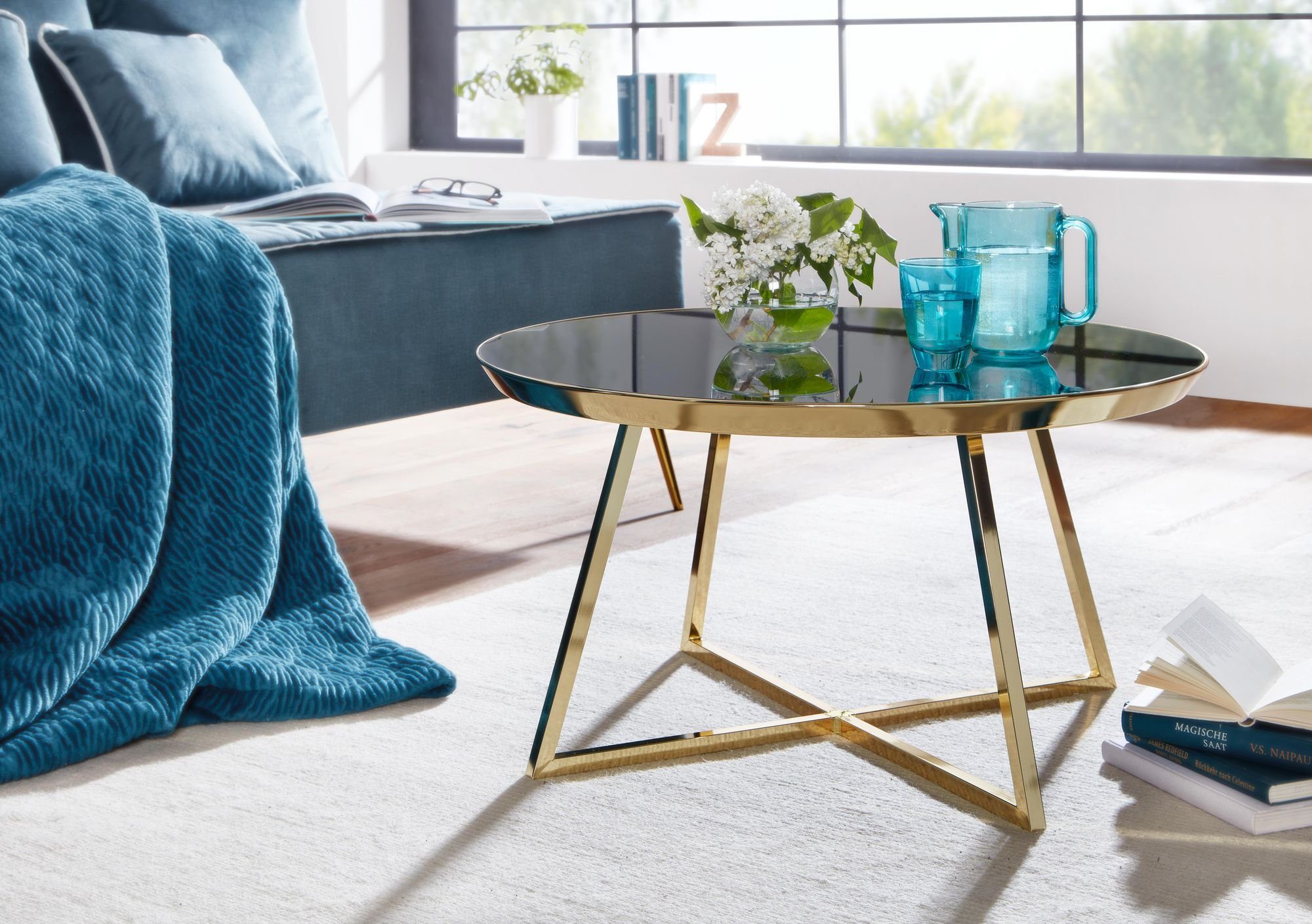 FINEBUY Couchtisch FB36846 (76x76x41cm Glas Sofatisch Rund Schwarz Verspiegelt), Wohnzimmertisch Kaffeetisch mit Metall-Gestell