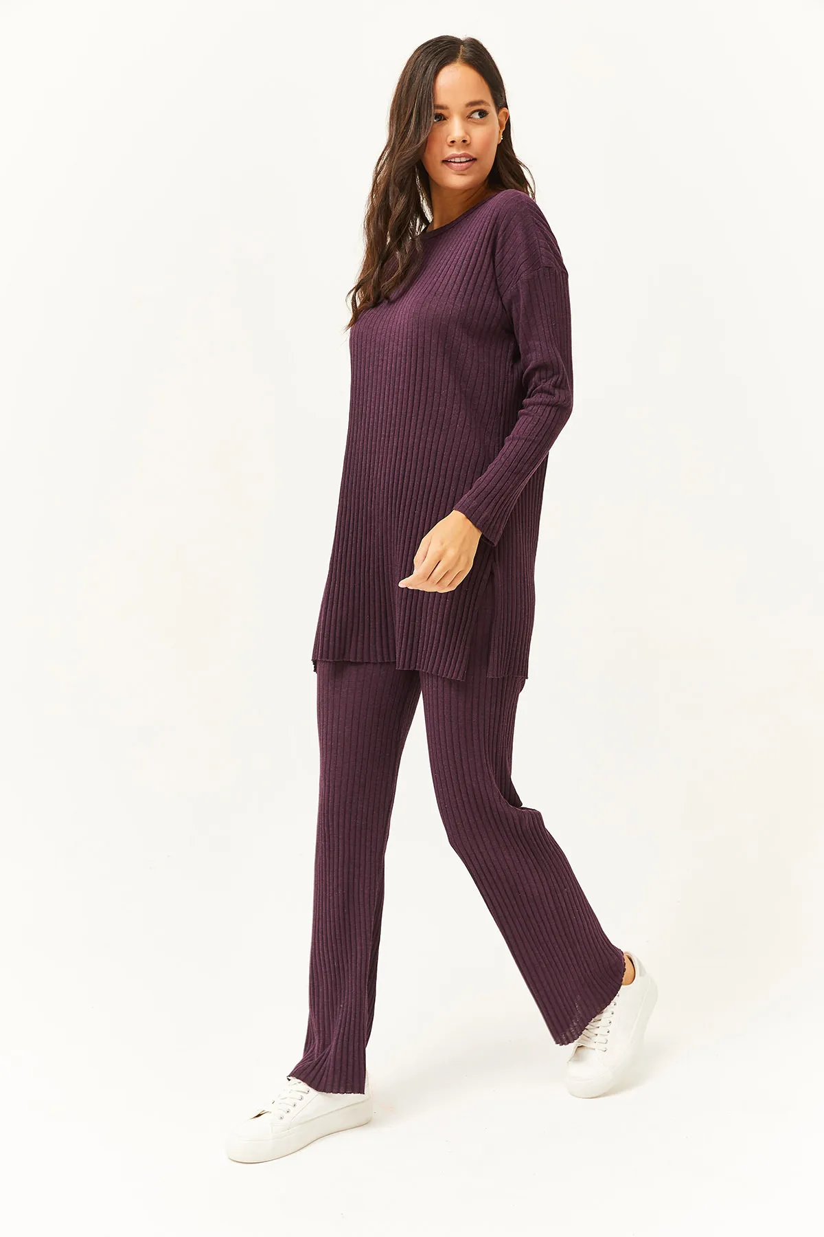 Olalook  Damen Pflaumenfarbenes Oberteil mit Schlitz, Bluse, Unterteil, Palazzo, Kordelzug, Anzug TKM-19000180