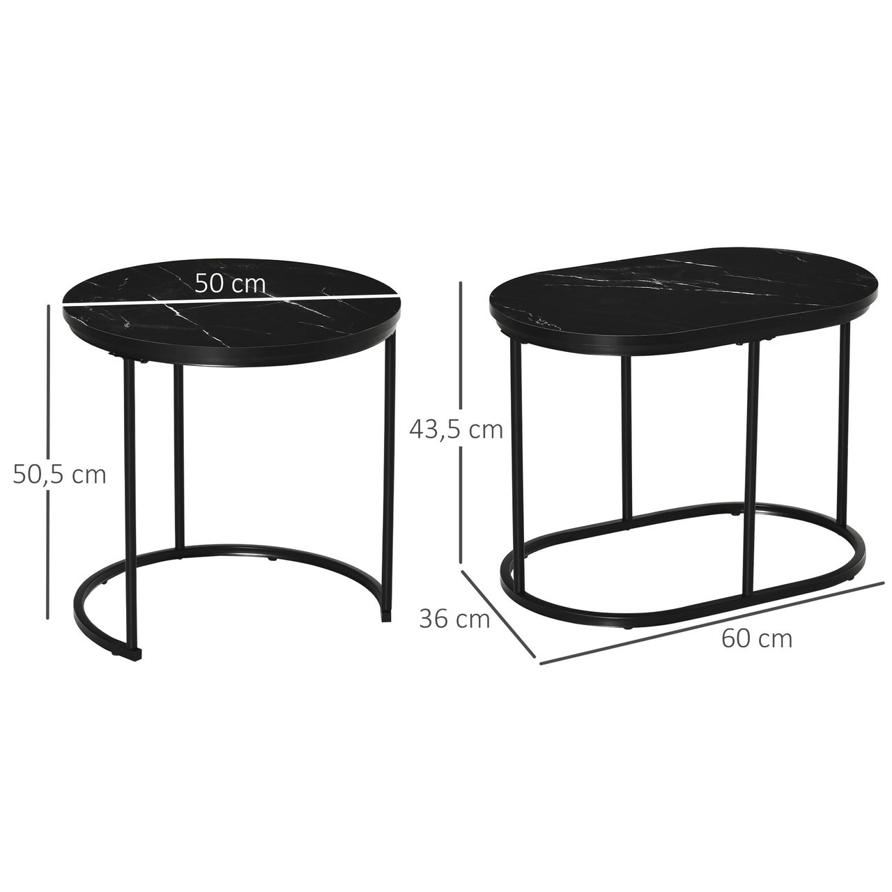 HOMCOM 2er Set Couchtisch Satztisch Rund mit Faux Marmor Seite bis 30 kg Schwarz