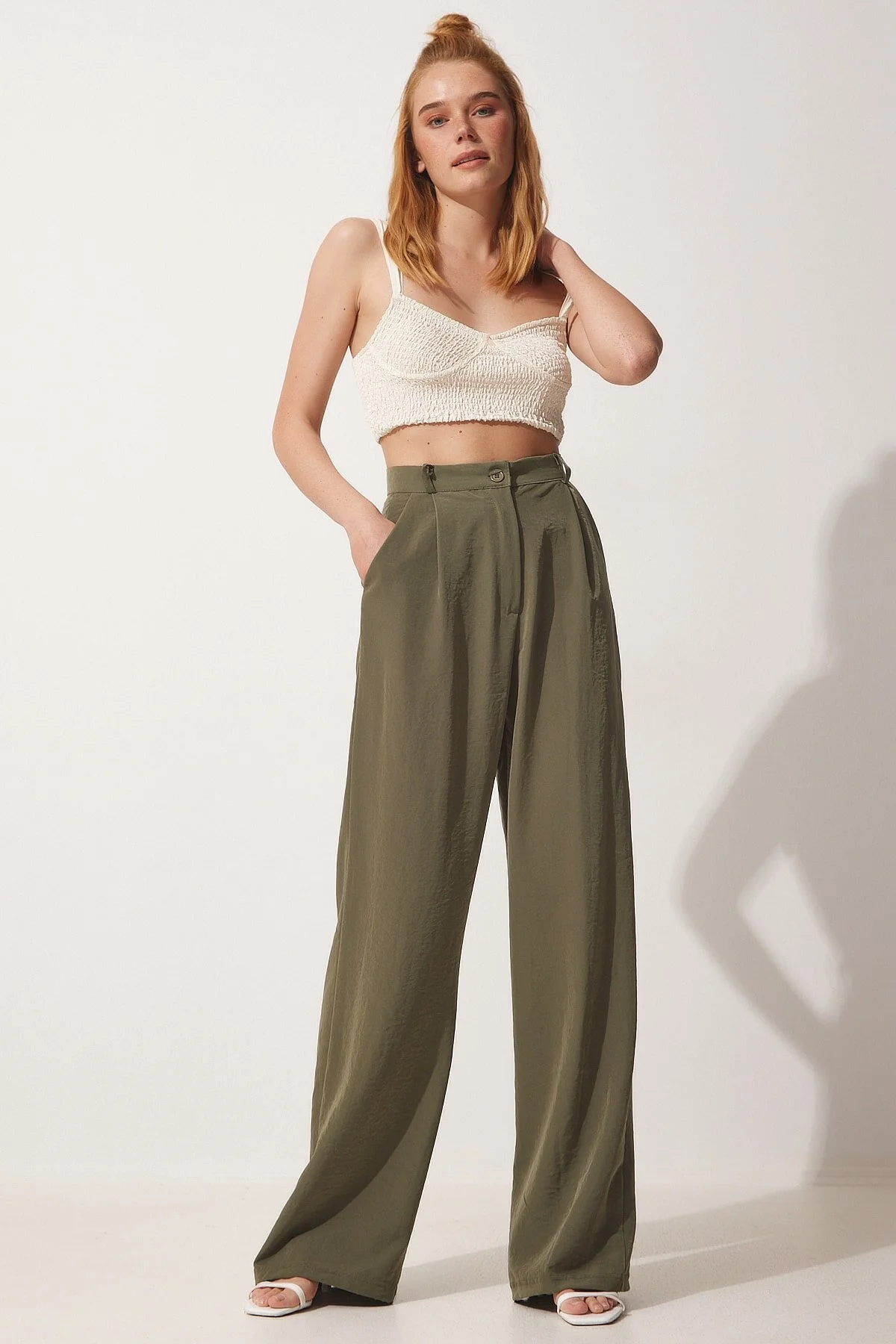 Happiness İstanbul  Khaki Flowy Ayrobin Palazzo-Hose für Damen RV00112