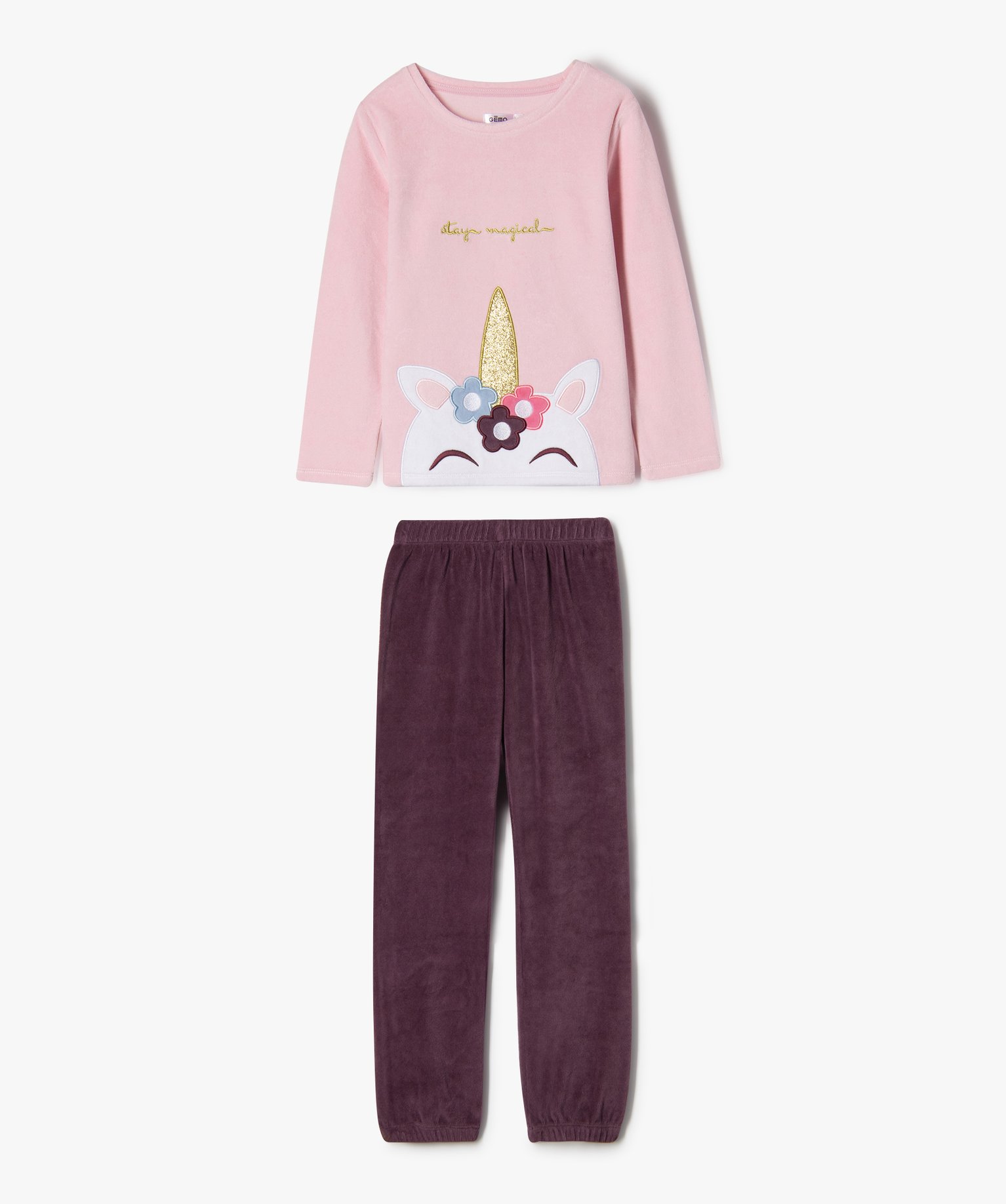 Pyjama en velours avec motif licorne fille rose | GEMO