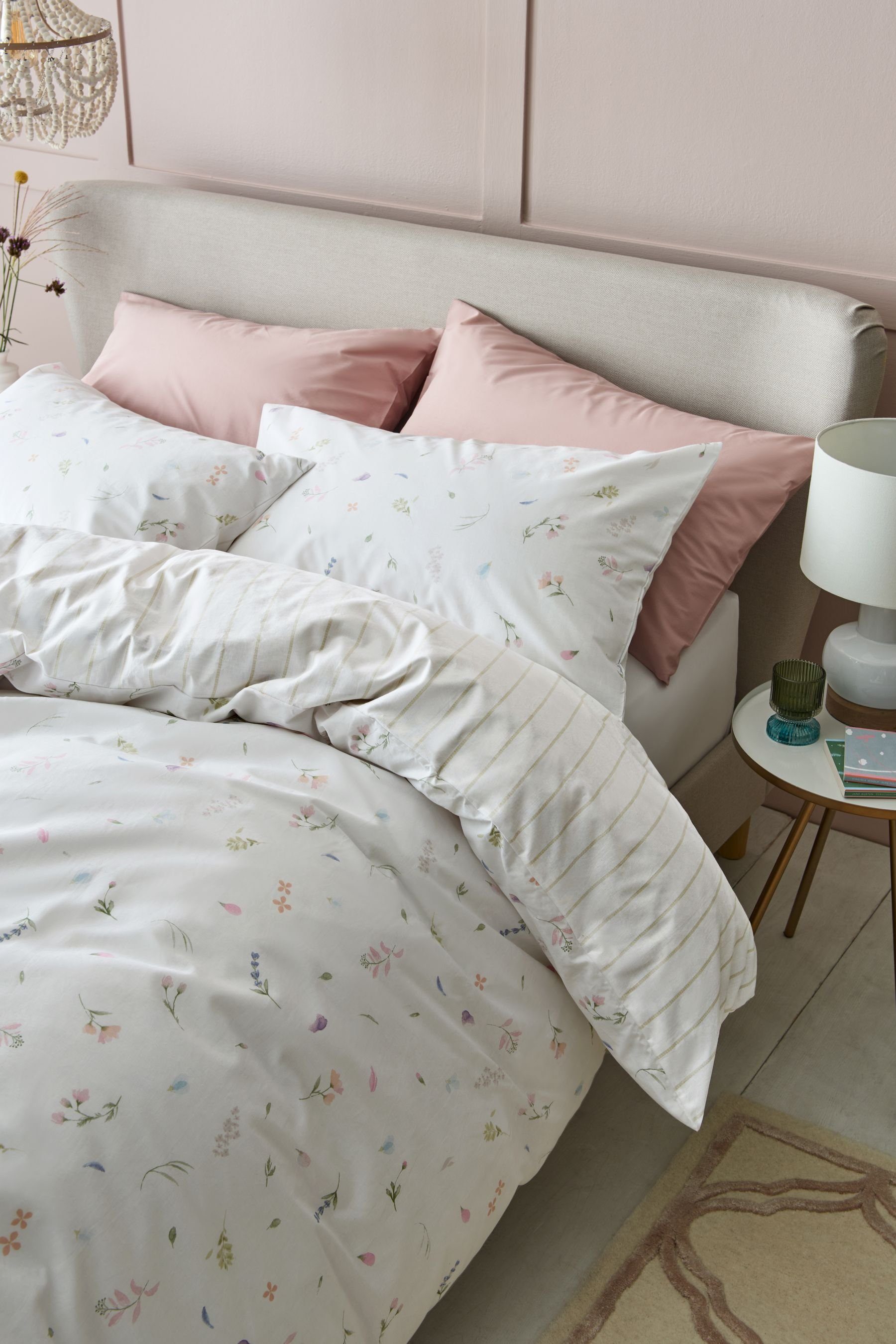 Bett-Set, Wendebare Bettgarnitur, Blumen- + Streifenmuster, Next, Bezug: Baumwolle