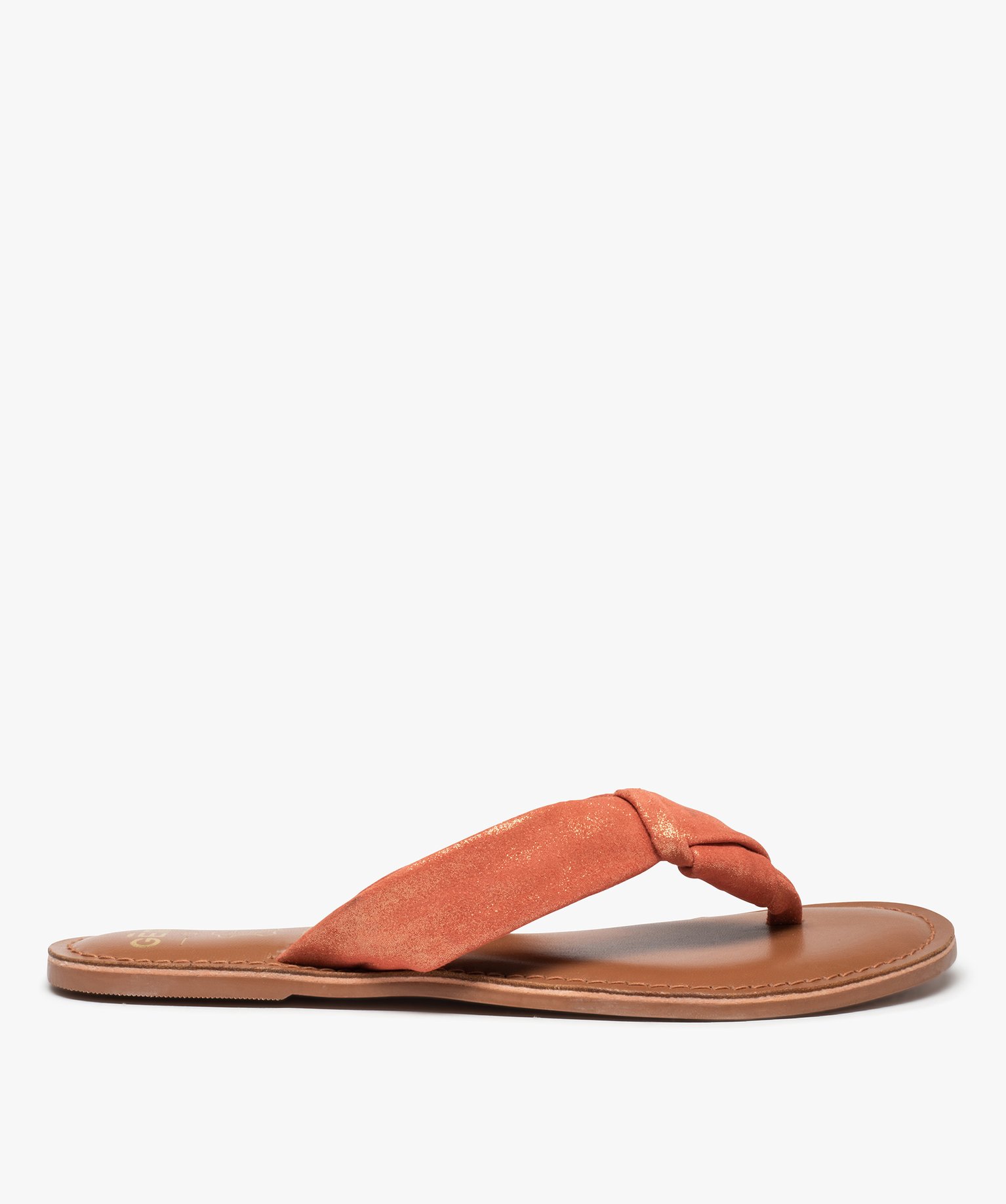 Tongs femme à large bride en cuir finement pailleté orange | GEMO