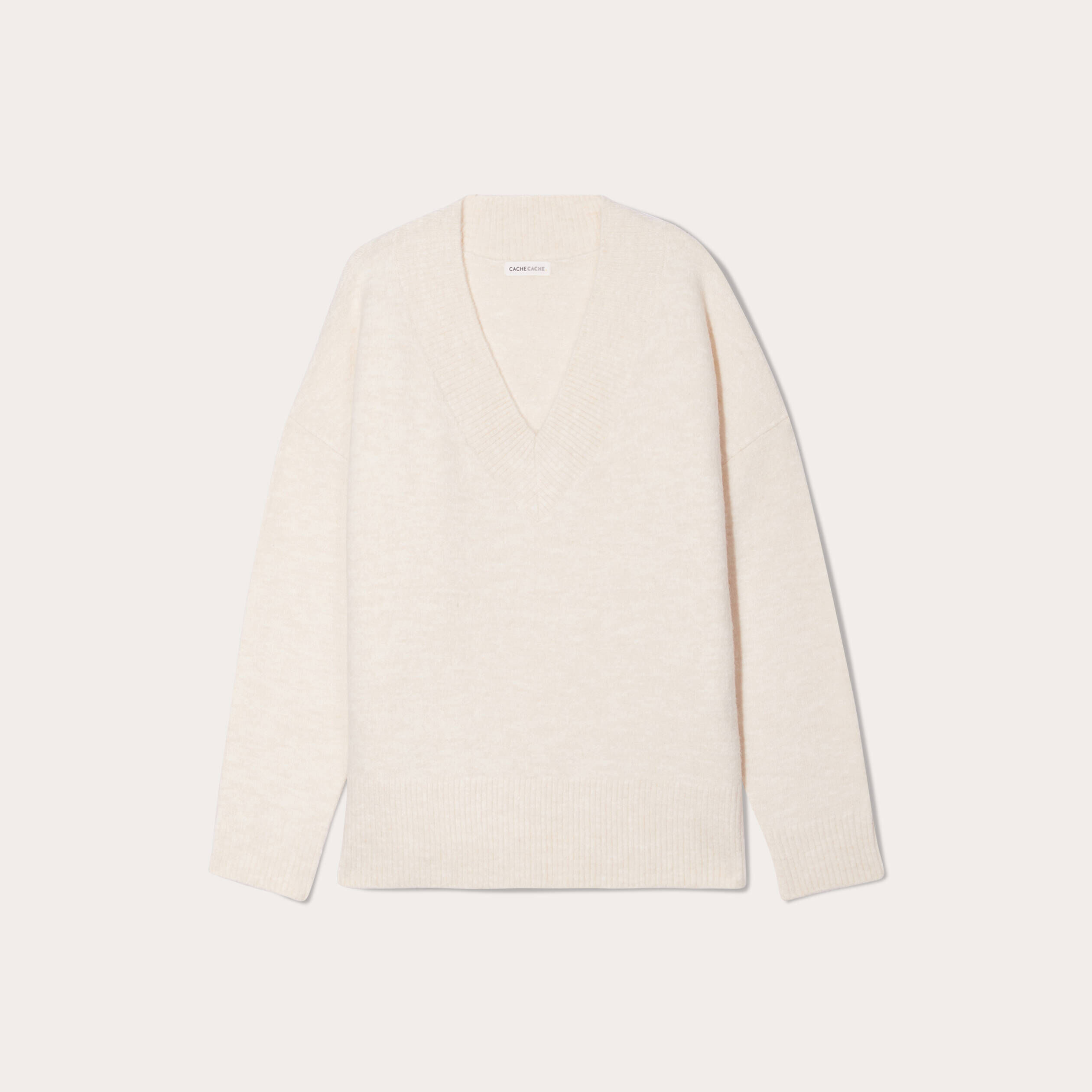 Pull manches longues col en V ivoire femme | Cache Cache