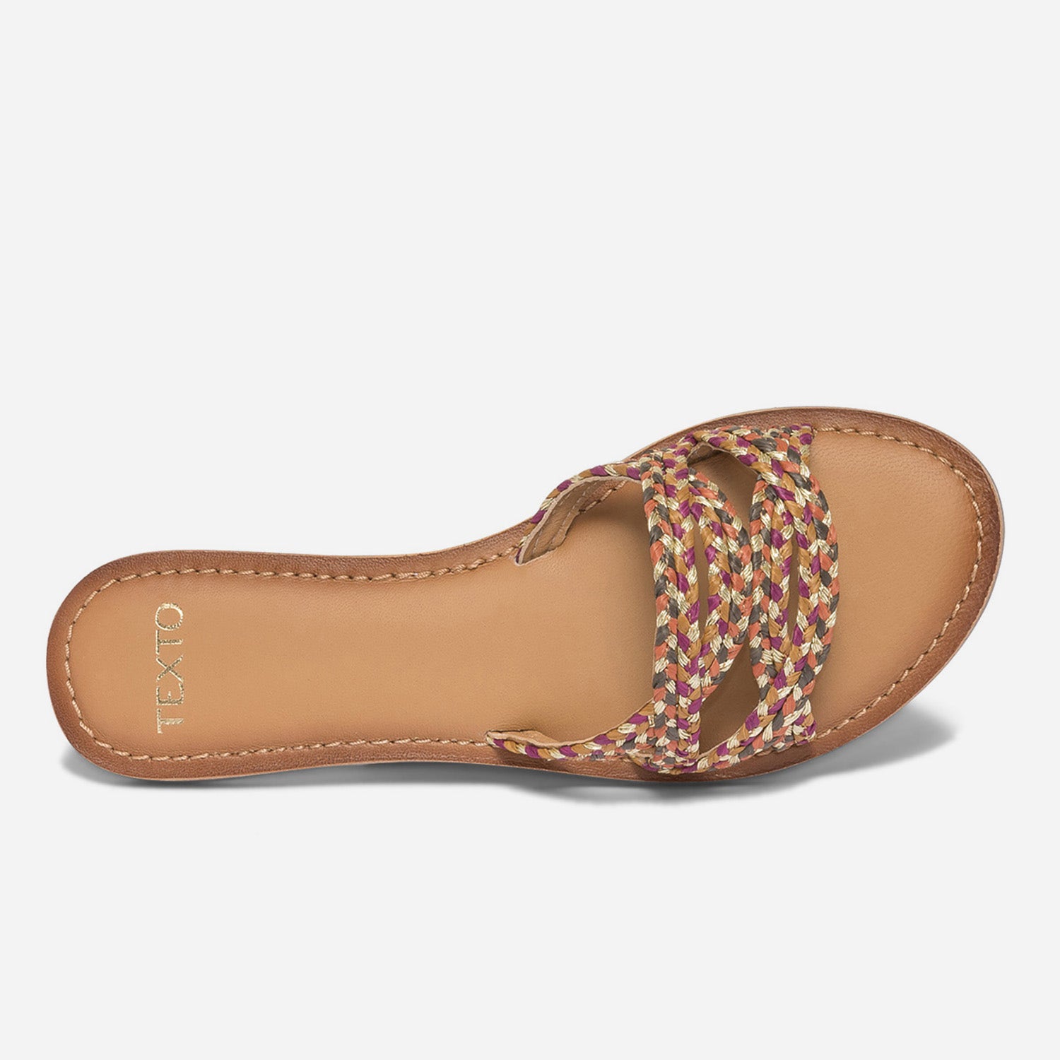 Mule TEXTO beige, kaki, violine, brique et or en raphia tressé
