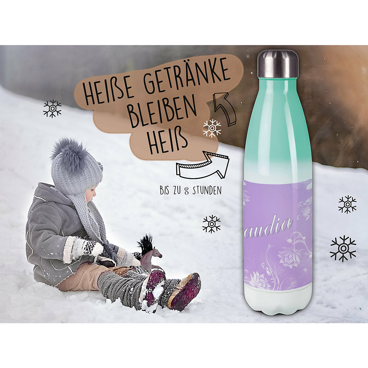 Edelstahl Kinder Thermoflasche / Trinkflasche bunt Blumenranke Farbe flieder Spülmaschinenfest, Auslaufsicher, Bruchfest, Doppelwandig, Für Heißgetränke geeignet, Mit Deckel, Isoliert