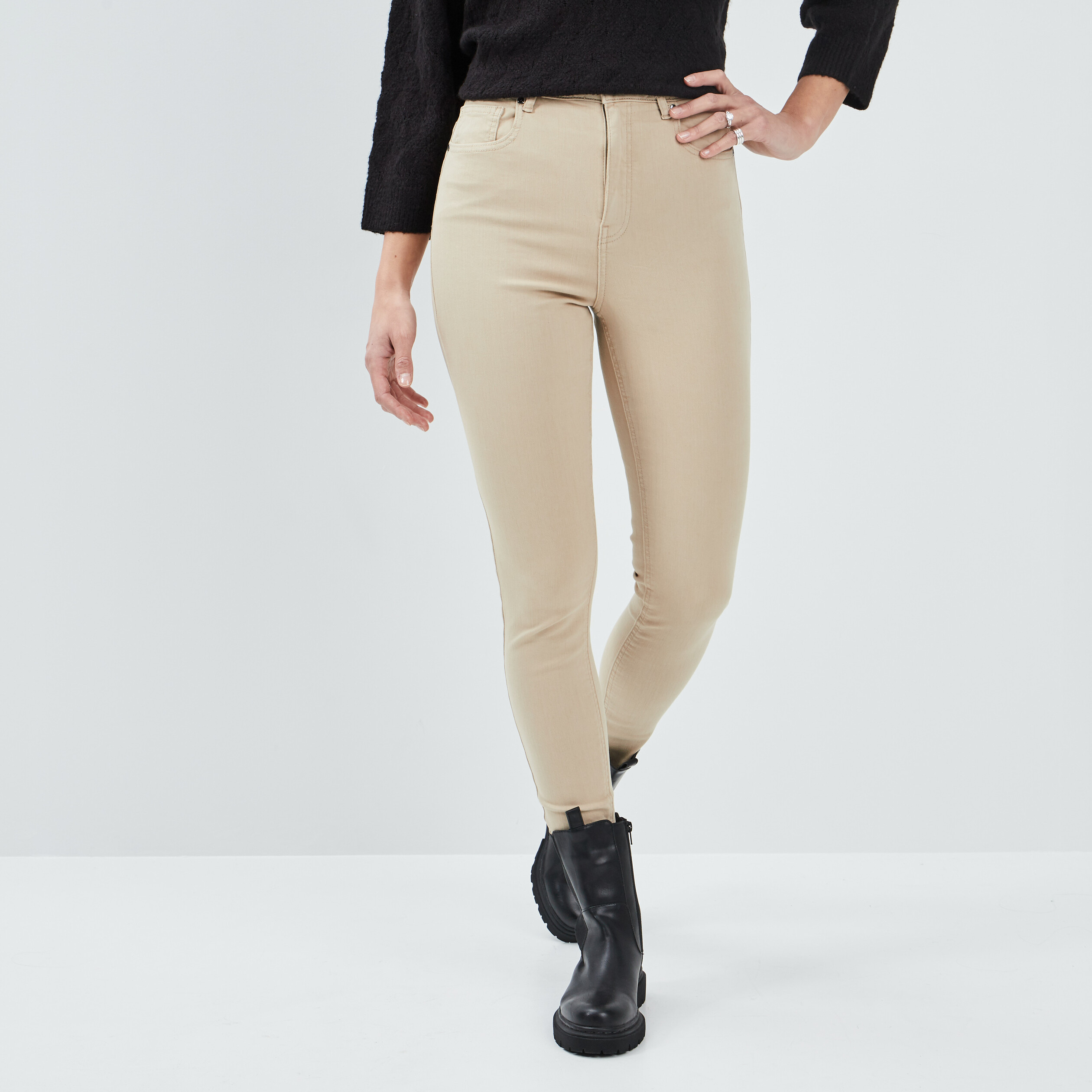 Pantalon skinny taille haute sable femme | La Halle