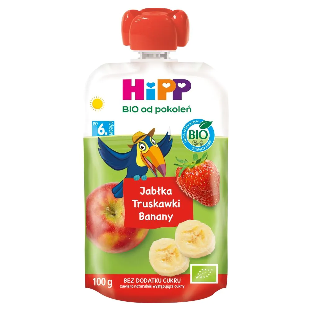Hipp BIOMus vaisių obuolių, braškių ir bananų mišinys po 6 mėnesių