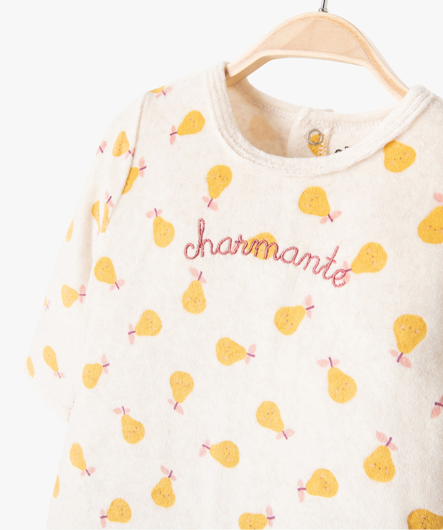 Pyjama bébé fille en velours imprimé poires et broderie beige | GEMO