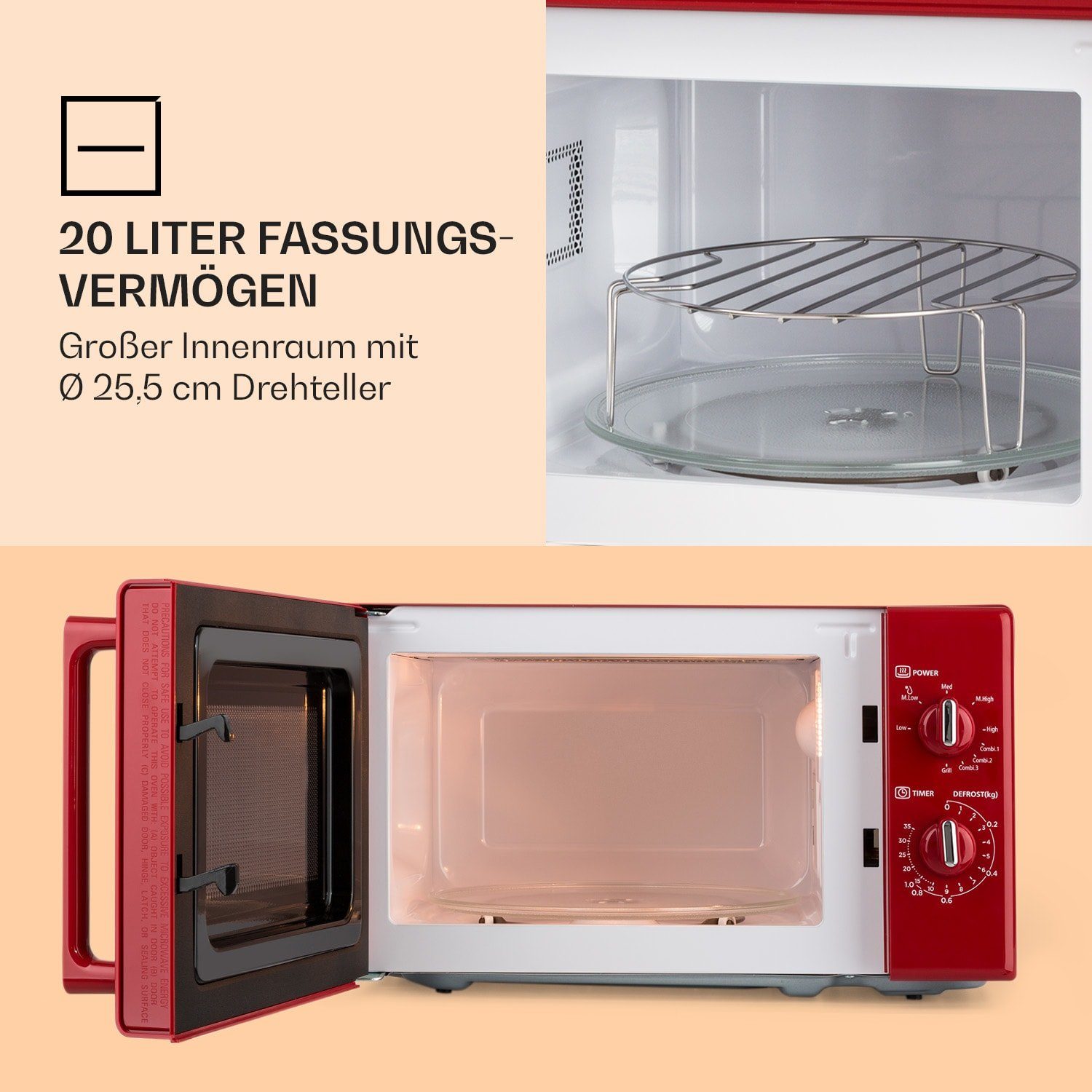 Klarstein Mikrowelle Caroline Mikrowellen-Grill 20 Ltr 700 W / 1000 W Ø 25,5cm Retro, Erwärmen, Grillen, Backen, 2 l