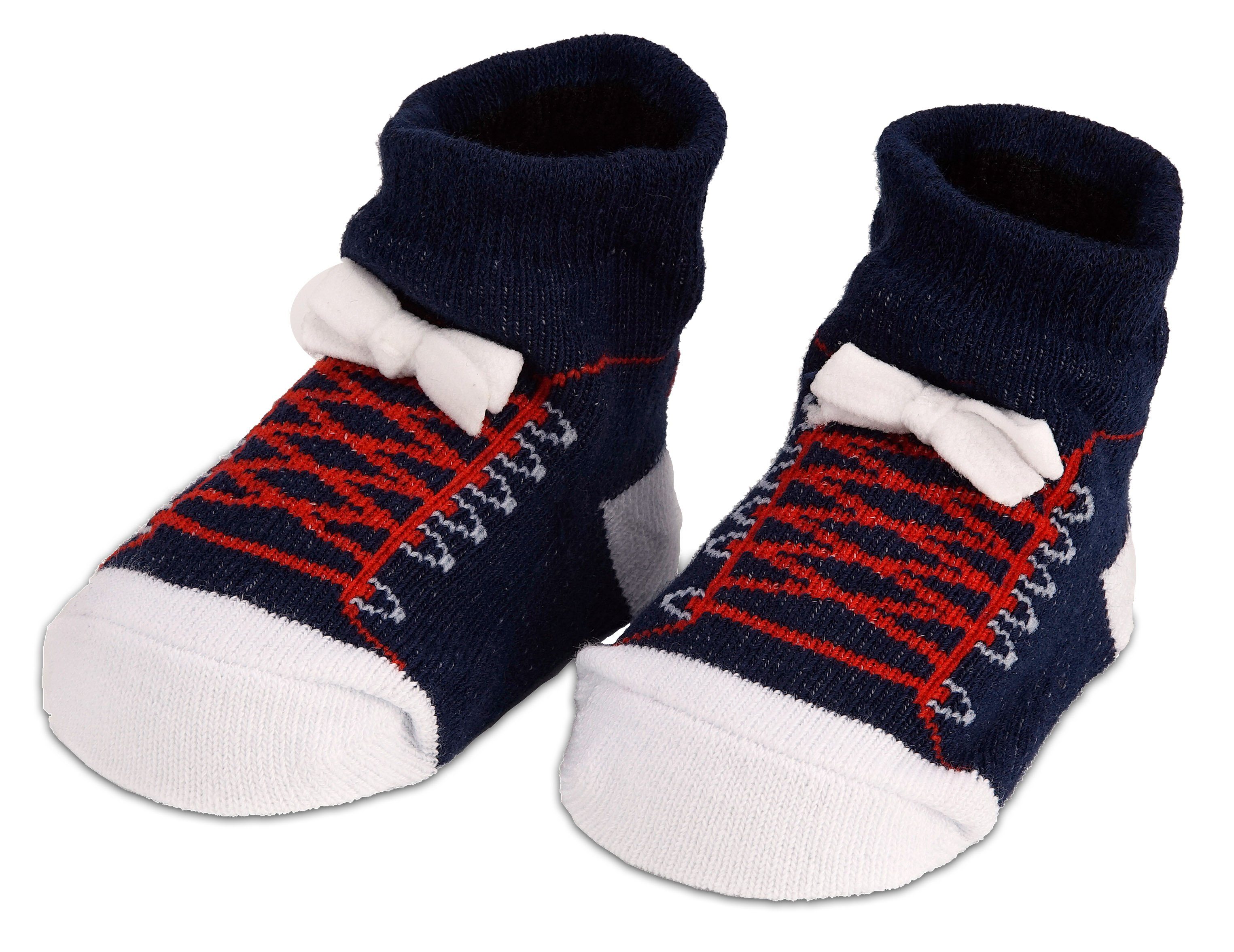 BRUBAKER Strümpfe Babysocken für Jungen und Mädchen 0-12 Monate (4-Paar, Baumwollsocken im Sneaker Style) Turnschuh Design, Baby Geschenkset für Neugeborene in Geschenkverpackung mit Schleife, Schuh Optik
