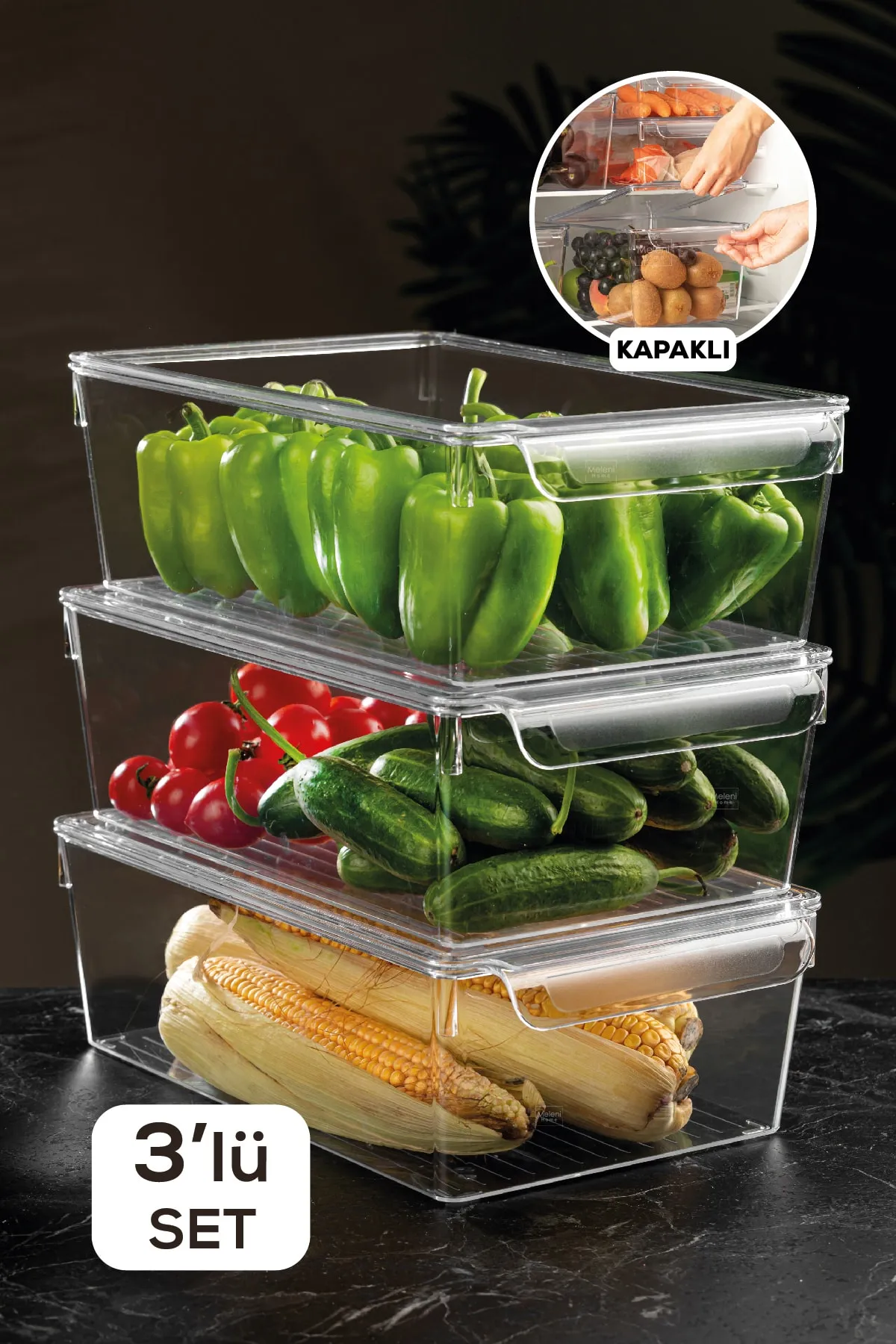 Meleni Home  Set mit 3 abgedeckten Kühlschrank-Organizern im Inneren des Kühlschrank-Organizers, 10 x 32,5 x 20 cm