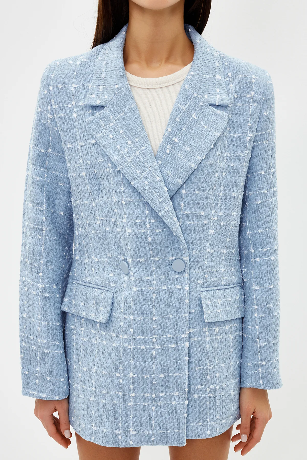 Trendyol Collection  Hellblaue, übergroße, gewebte karierte Blazerjacke TWOAW21CE0105