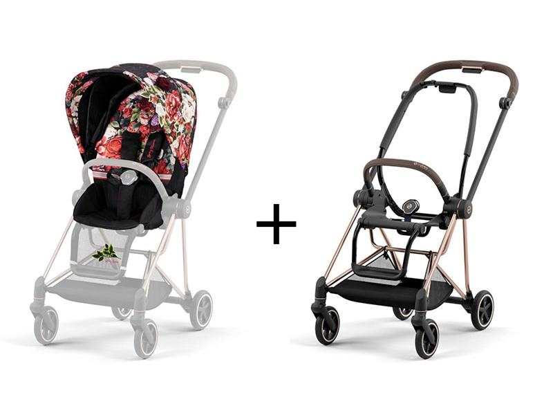 Poussette MIOS 3 châssis Rose Gold habillage Spring Blossom Dark