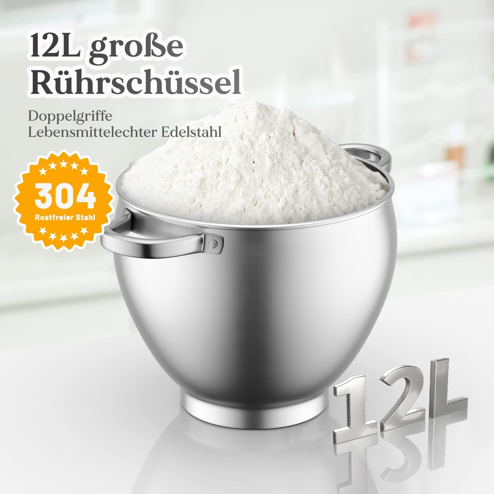 HOMELUX Küchenmaschine 12 L Küchenmaschine, Teigmaschine,6 Geschwindigkeiten, Knetmaschine, 2500,00 W, 12,00 l Schüssel, inkl 3-Teiligem Patisserie-Set und Spritzschutz, mit Edelstahlschüssel