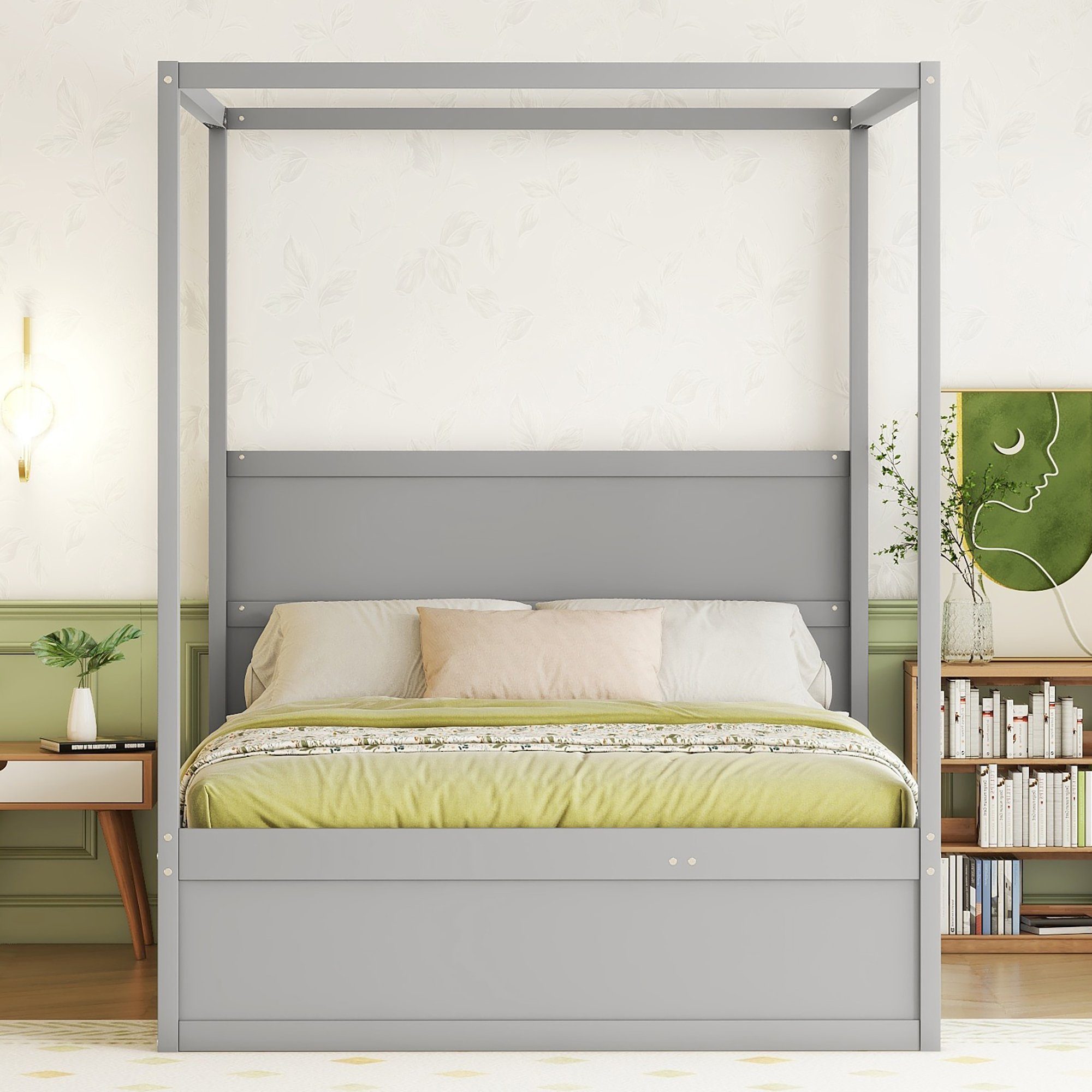 Ulife Himmelbett Funktionsbett,Massivholzbett,Ausziehhare Liegeffäche,Stauraumbett, zwei Schubladen, 140 x 200cm