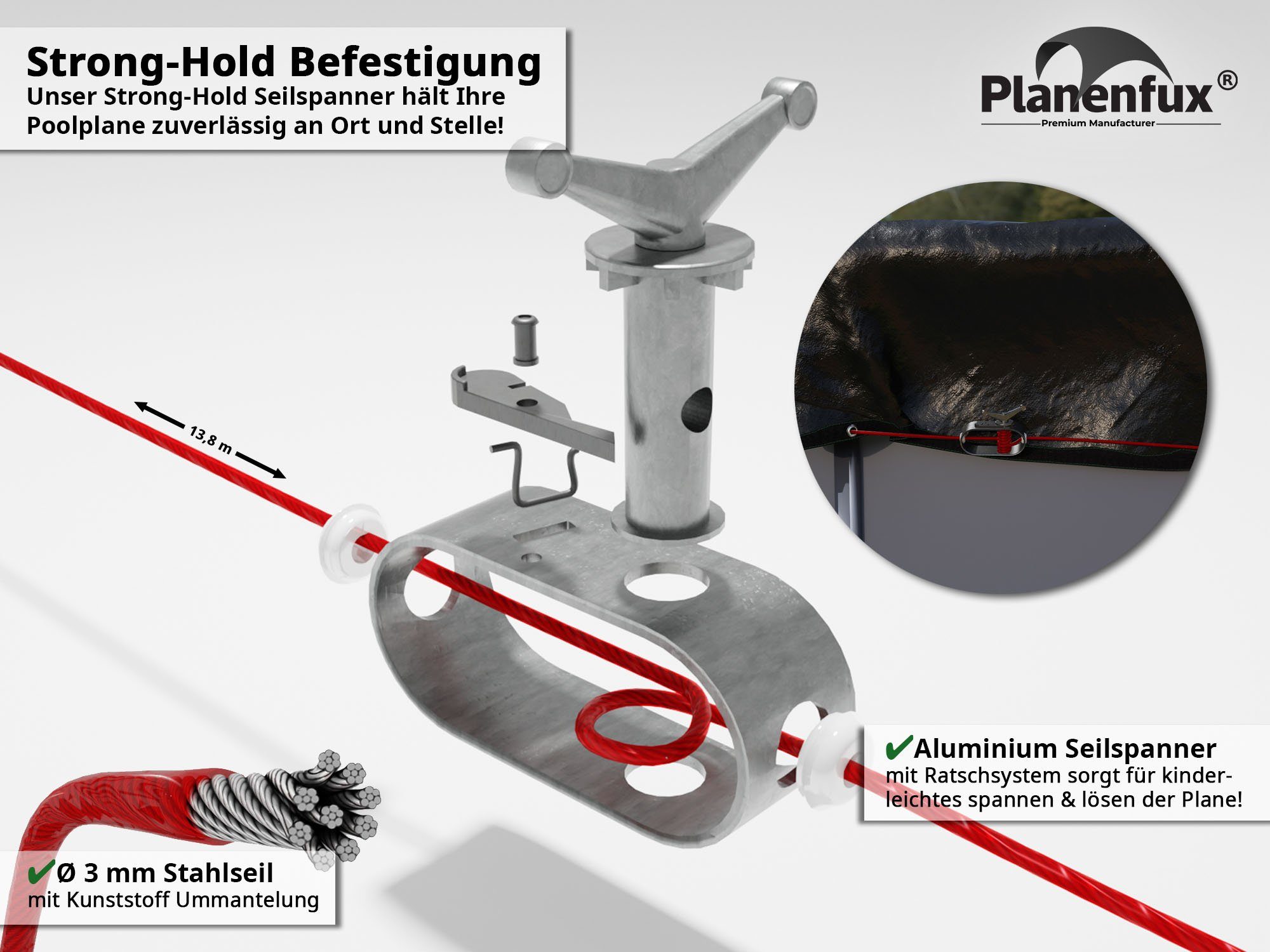 Planenfux® Pool-Abdeckplane Beidseitig nutzbare 2-in-1 Poolplane für Rundpools (Set), Ø 320 - 366 cm Poolabdeckung für runde Pools aus UV-resistentem 200g/m² PE Material