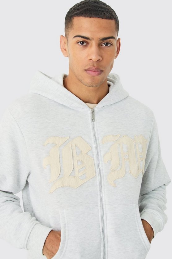 Boxy Zip Through Distressed Applique Hoodie
