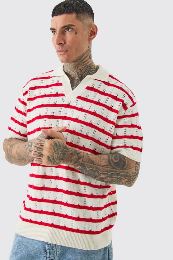 Tall kurzärmliges gehäkeltes Oversize Poloshirt mit Streifen