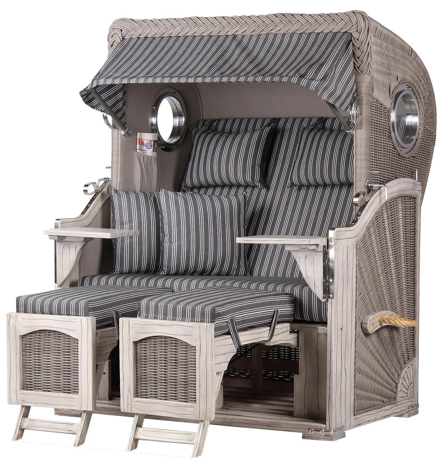 bene living Strandkorb Ammersee 2-Sitzer Mahagoni washed grey - PE Koboo grey - Modell 500, BxTxH: 125x80x165 cm, Volllieger ca. 175 Grad, Ostsee-Strandkorb Komplettset, inkl. Liftersystem und Bullaugen