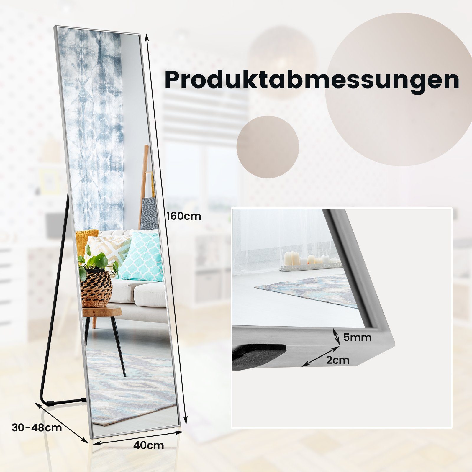 COSTWAY Ganzkörperspiegel, stehend/ wand, mit Rahmen, 160 x 40 cm, 2 in 1