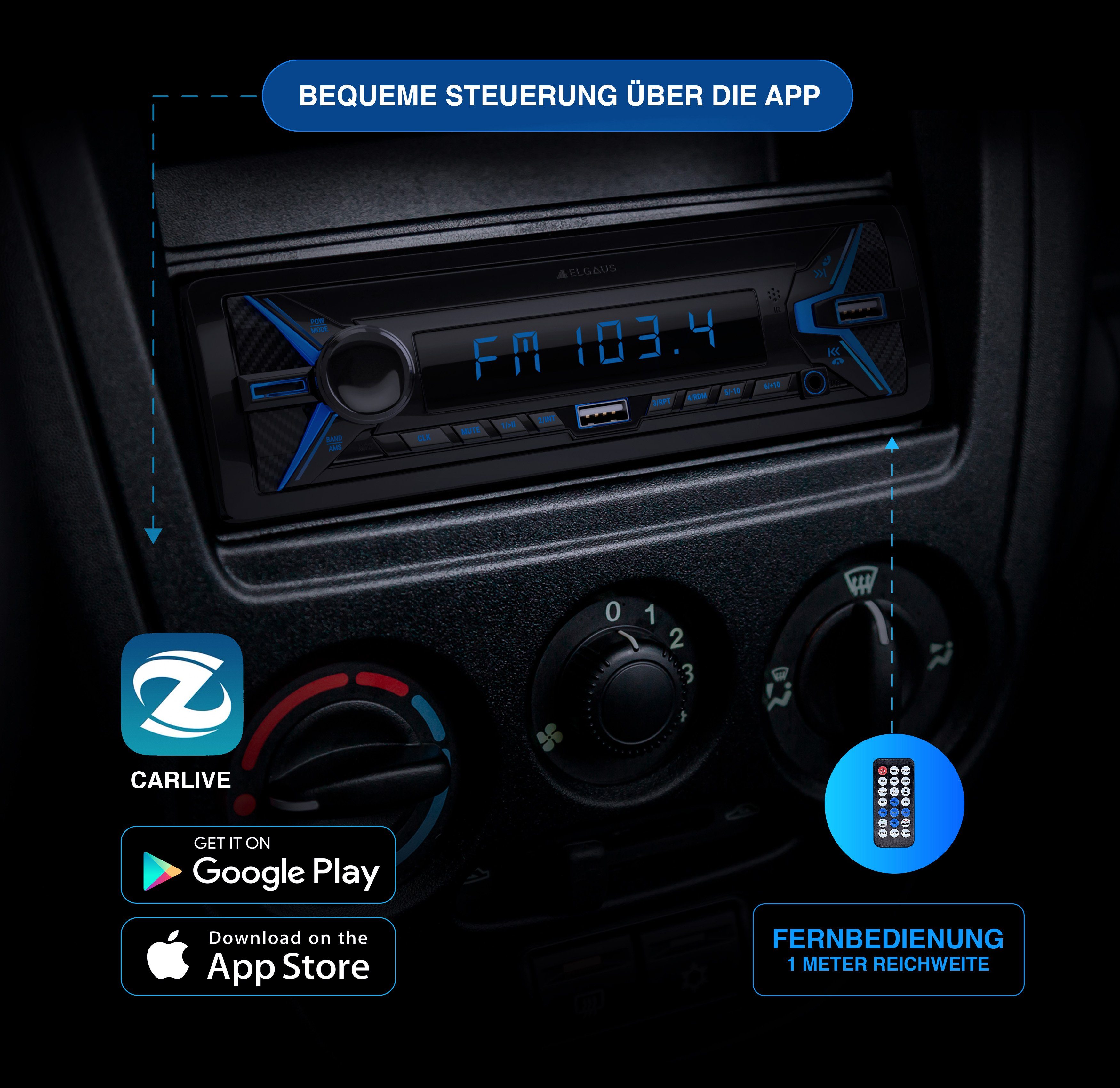 ELGAUS OM-190P 1 Din Autoradio (FM/AM, RDS, Bluetooth, RDS, Fernbedienung, ID3, Appsteuerung, Manual in DE/EN)